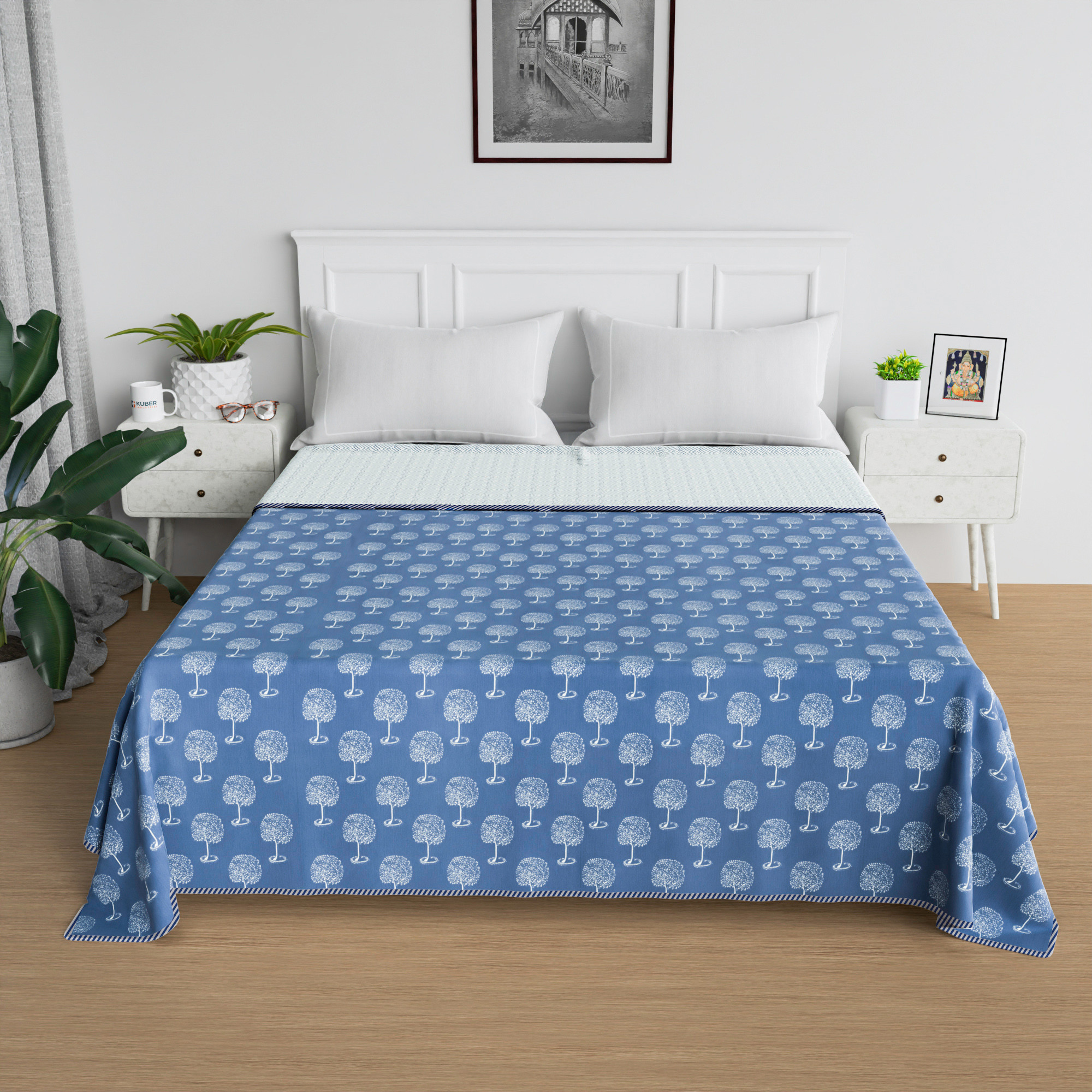 Kuber Industries Blanket  Cotton Double Bed Dohar  Reversible AC Blanket  All-Season Bed Blanket  Lightweight  Portable Blanket For Travelling  Tree-Print  Green