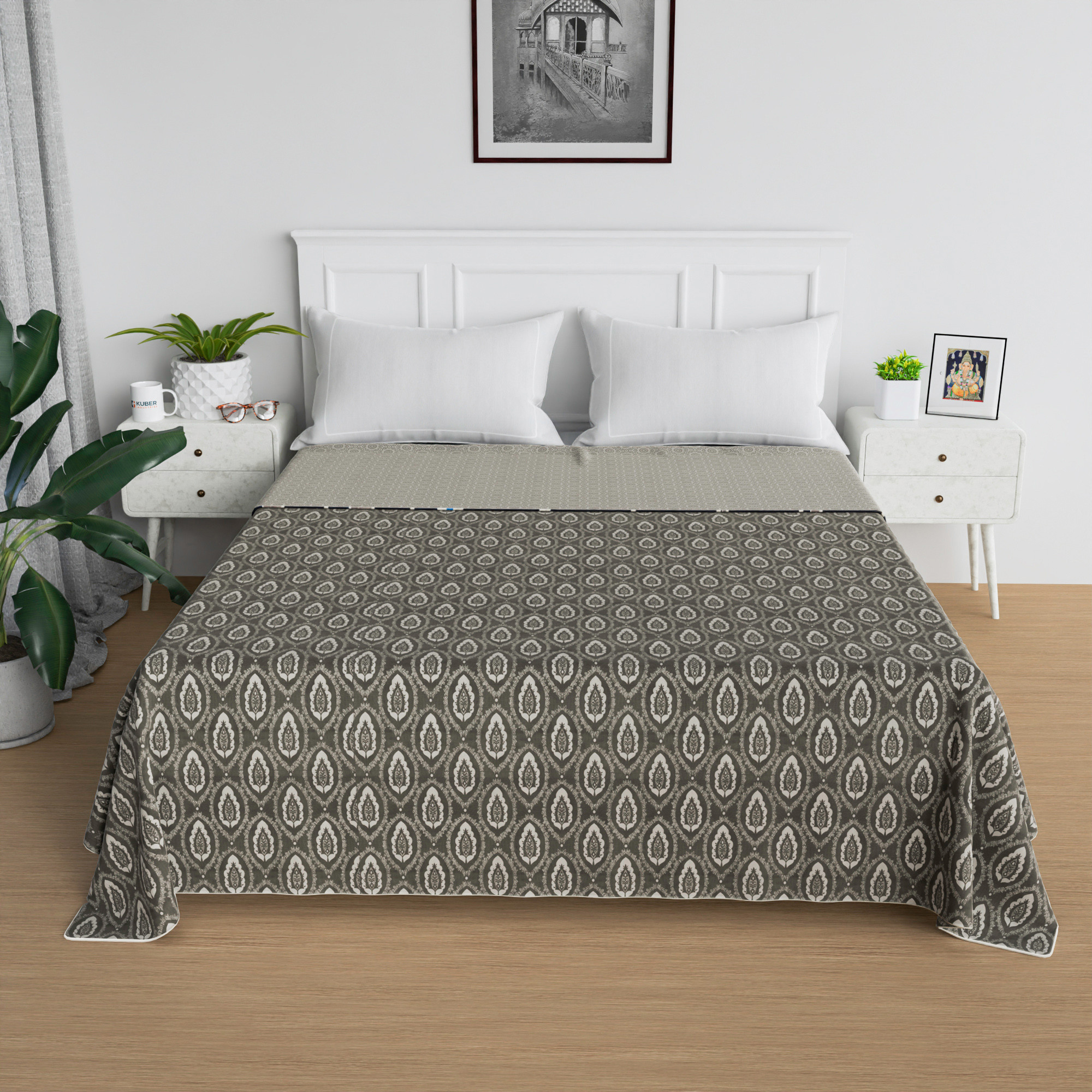 Kuber Industries Blanket  Cotton Double Bed Dohar  Reversible AC Blanket  All-Season Bed Blanket  Lightweight  Portable Blanket For Travelling  White Flower-Print  Grey
