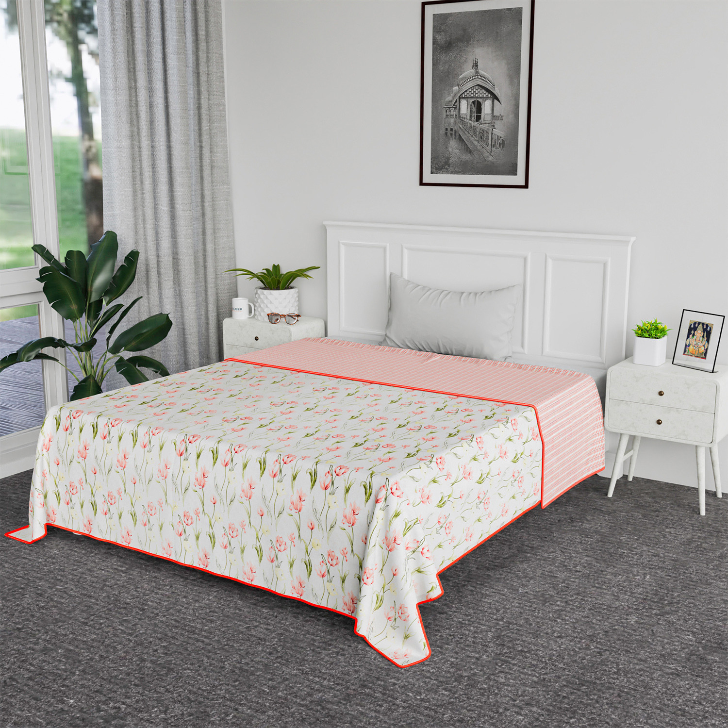 Kuber Industries Blanket | Cotton Single Bed Dohar | Blanket For Home | Reversible AC Blanket For Travelling | Blanket For Summer | Blanket For Winters | Red Flower | White