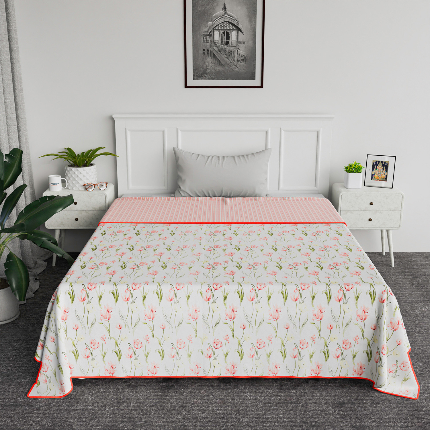 Kuber Industries Blanket | Cotton Single Bed Dohar | Blanket For Home | Reversible AC Blanket For Travelling | Blanket For Summer | Blanket For Winters | Red Flower | White