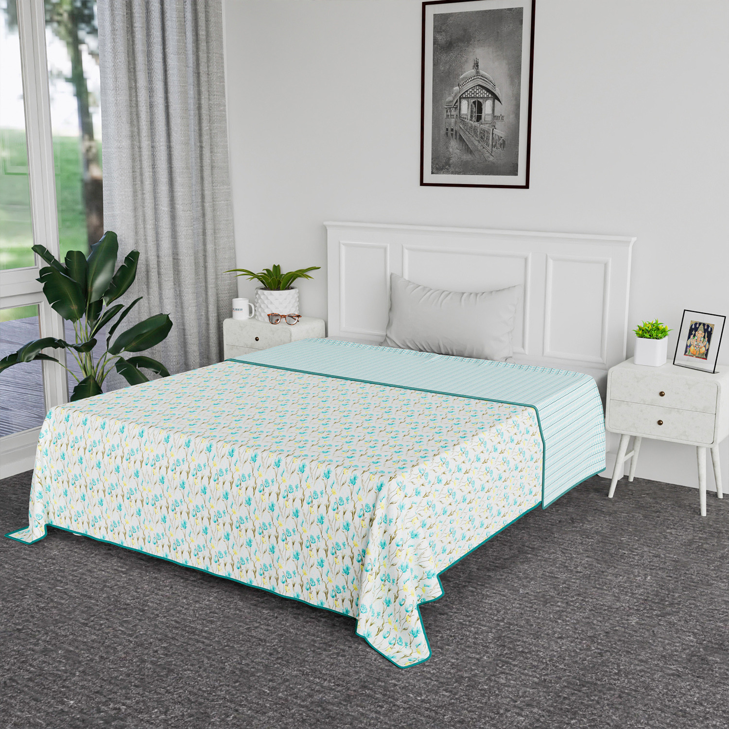 Kuber Industries Blanket | Cotton Single Bed Dohar | Blanket For Home | Reversible AC Blanket For Travelling | Blanket For Summer | Blanket For Winters | Blue Flower | White