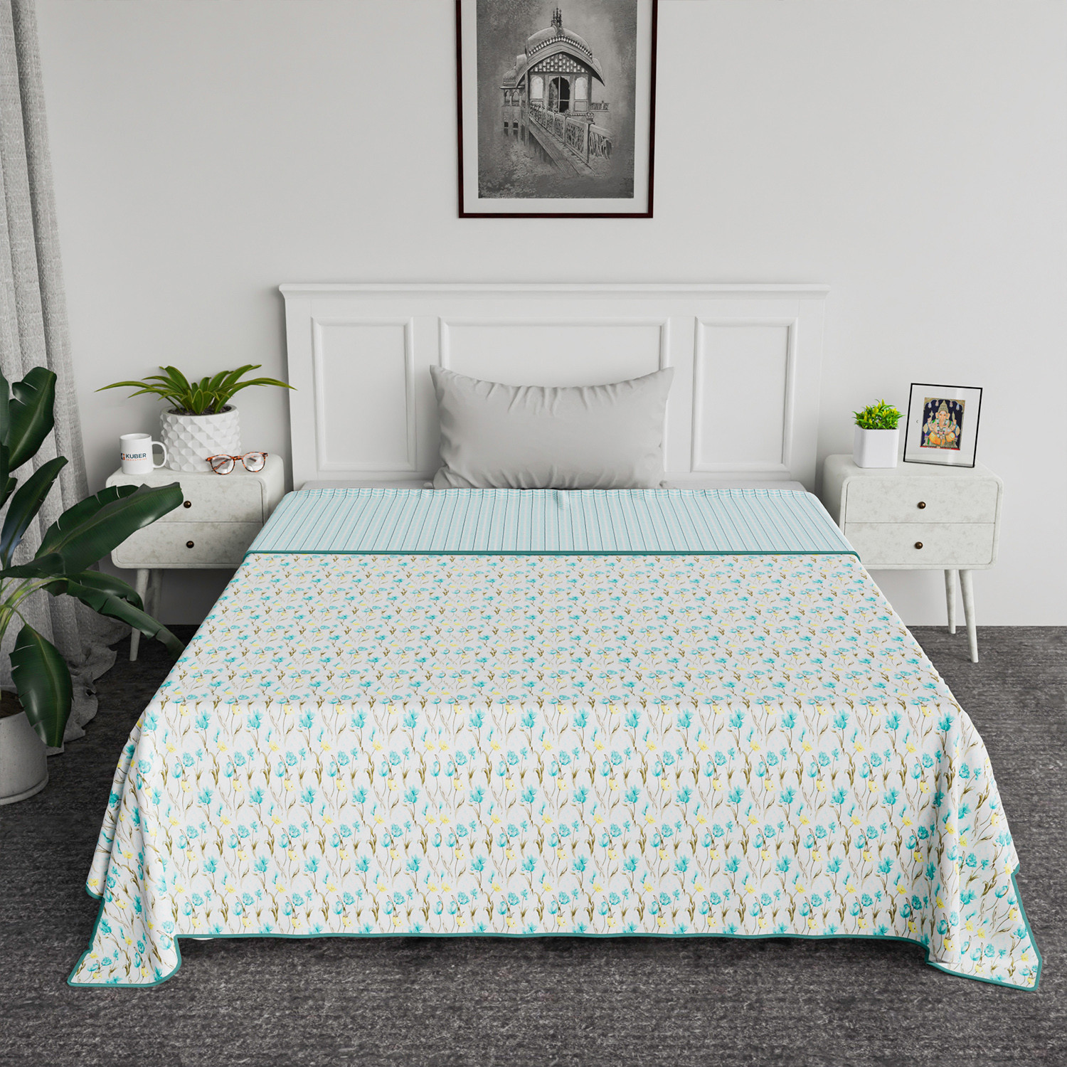 Kuber Industries Blanket | Cotton Single Bed Dohar | Blanket For Home | Reversible AC Blanket For Travelling | Blanket For Summer | Blanket For Winters | Blue Flower | White