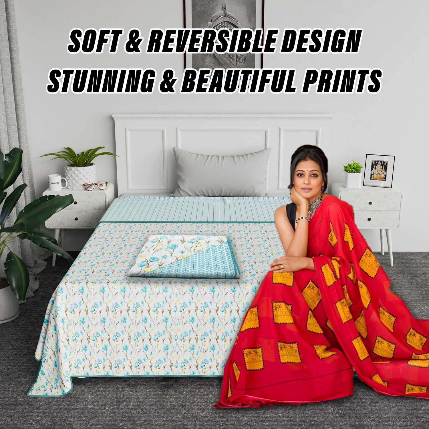 Kuber Industries Blanket | Cotton Single Bed Dohar | Blanket For Home | Reversible AC Blanket For Travelling | Blanket For Summer | Blanket For Winters | Blue Flower | White