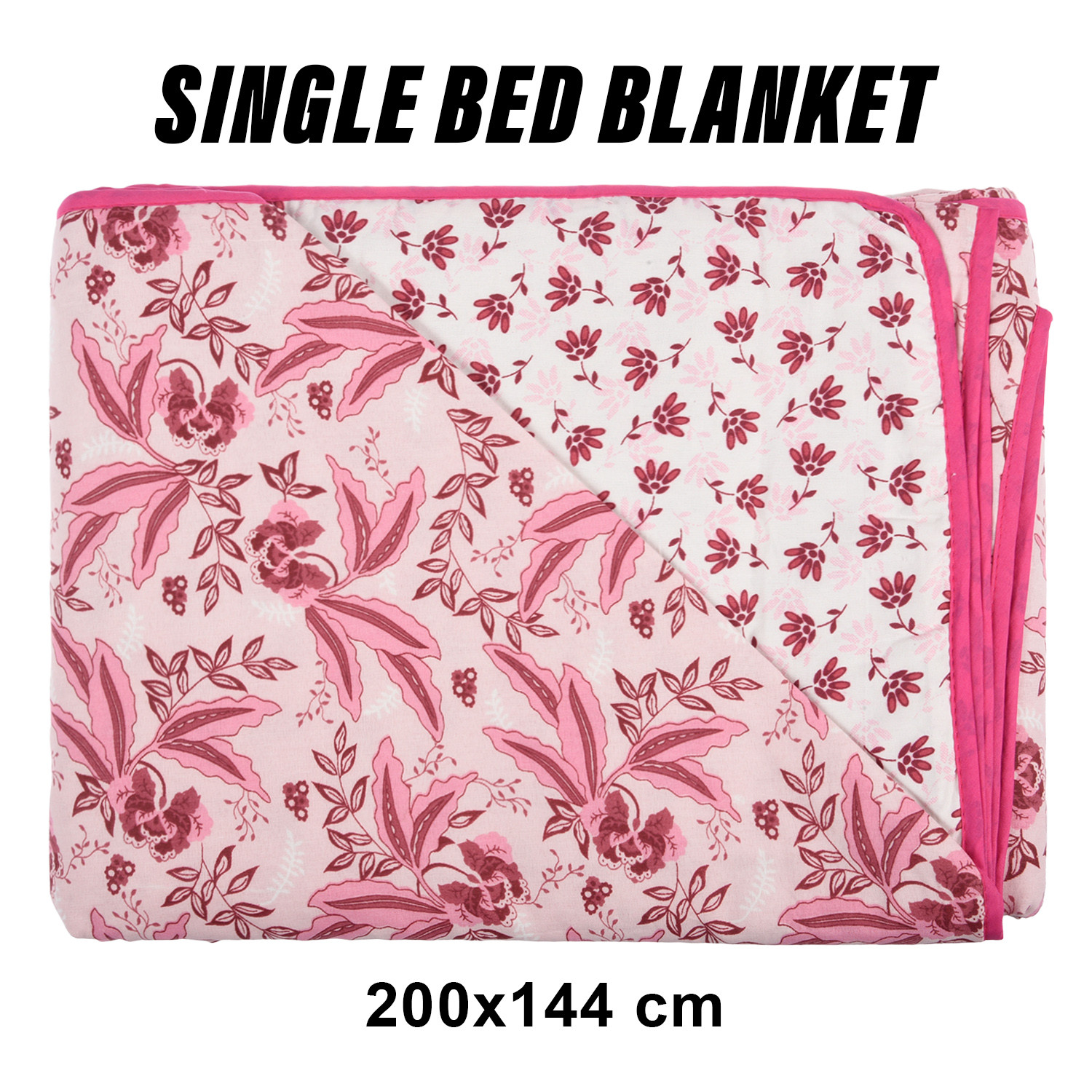 Kuber Industries Blanket | Cotton Single Bed Dohar | Blanket For Home | Reversible AC Blanket For Travelling | Blanket For Summer | Blanket For Winters | Flower Print | Pink