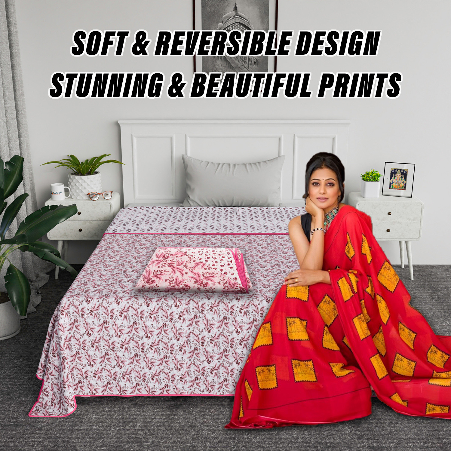 Kuber Industries Blanket | Cotton Single Bed Dohar | Blanket For Home | Reversible AC Blanket For Travelling | Blanket For Summer | Blanket For Winters | Flower Print | Pink