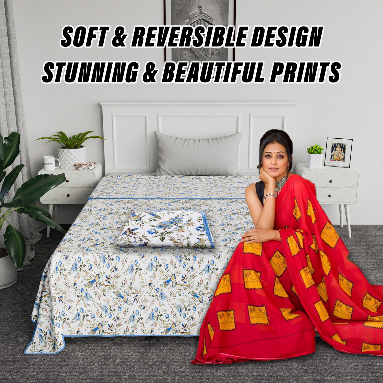 Kuber Industries Blanket | Cotton Single Bed Dohar | Blanket For Home | Reversible AC Blanket For Travelling | Blanket For Summer | Blanket For Winters | Leaf Print | Gray