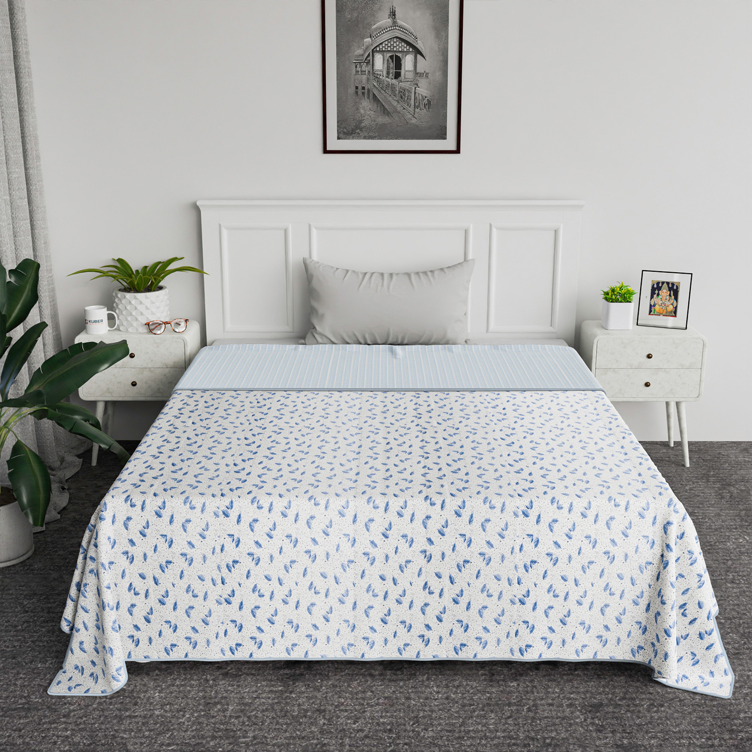 Kuber Industries Blanket | Cotton Single Bed Dohar | Blanket For Home | Reversible AC Blanket For Travelling | Blanket For Summer | Blanket For Winters | Leaf Print | Blue