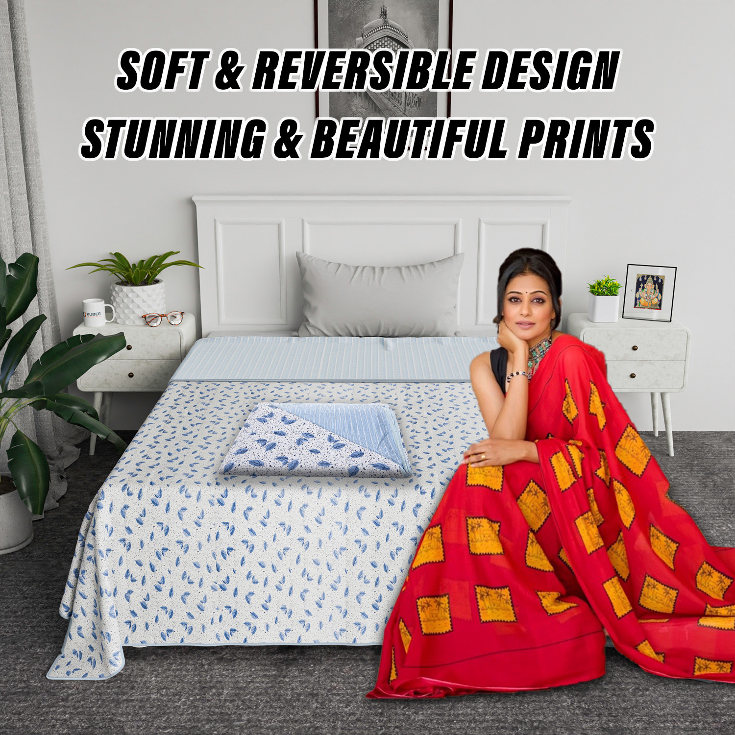 Kuber Industries Blanket | Cotton Single Bed Dohar | Blanket For Home | Reversible AC Blanket For Travelling | Blanket For Summer | Blanket For Winters | Leaf Print | Blue