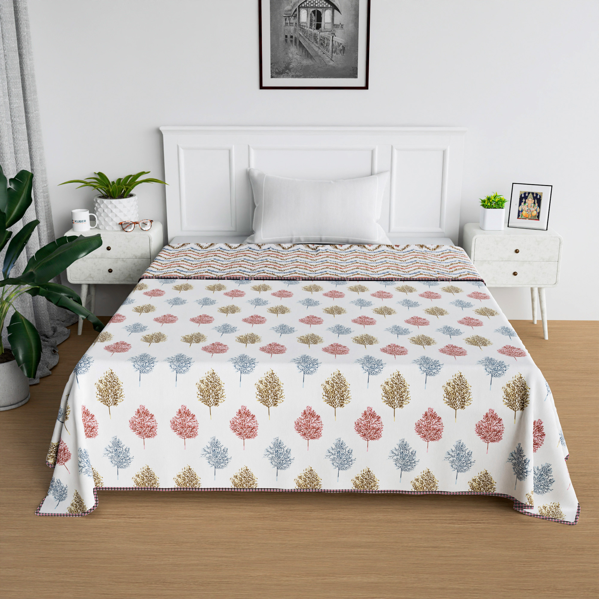 Kuber Industries Blanket  Cotton Single Bed Dohar  Reversible AC Blanket  All-Season Bed Blanket  Lightweight  Portable Blanket For Travelling  Multi Leaf-Print  White