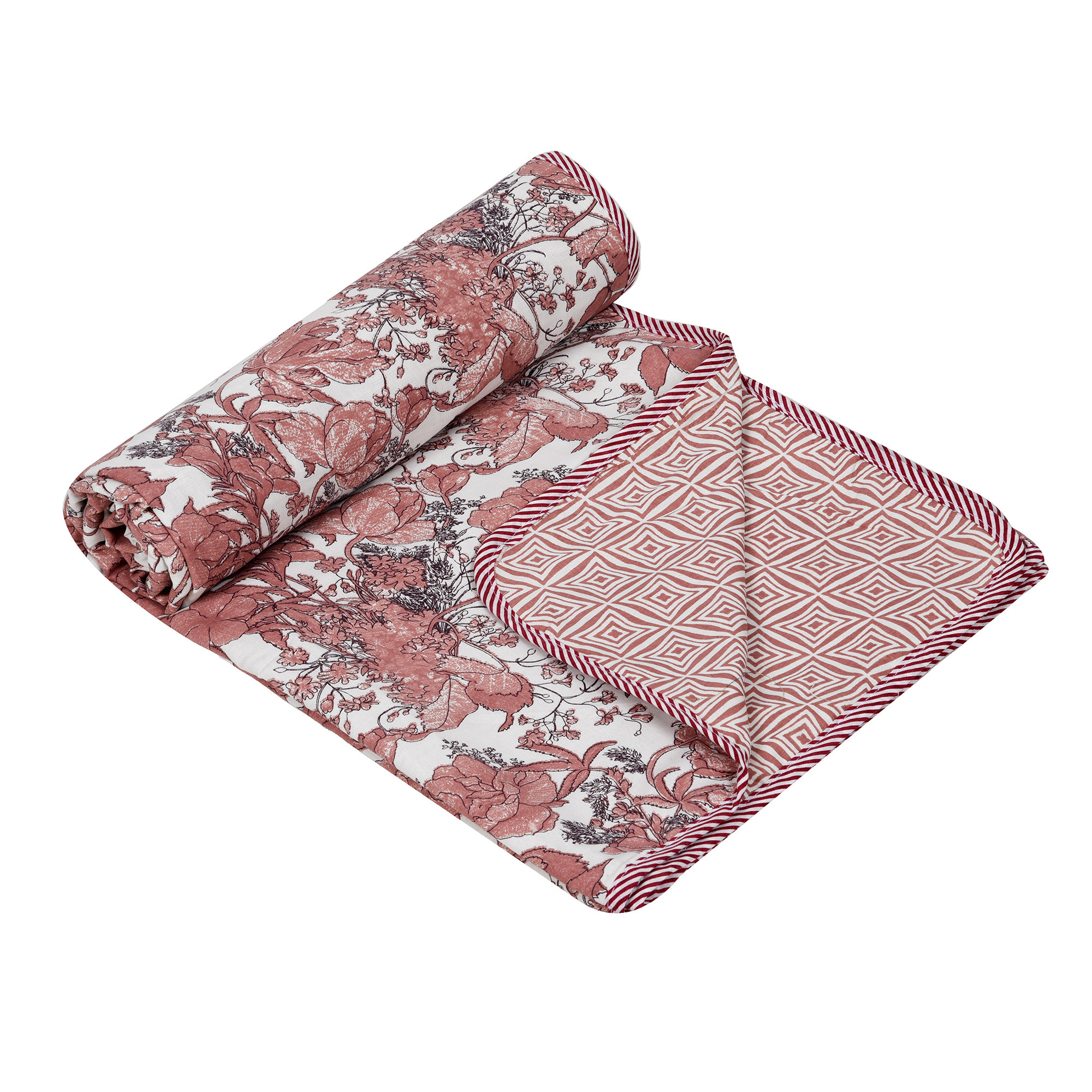 Kuber Industries Blanket  Cotton Single Bed Dohar  Reversible AC Blanket  All-Season Bed Blanket  Lightweight  Portable Blanket For Travelling  Brown Flower-Print  White