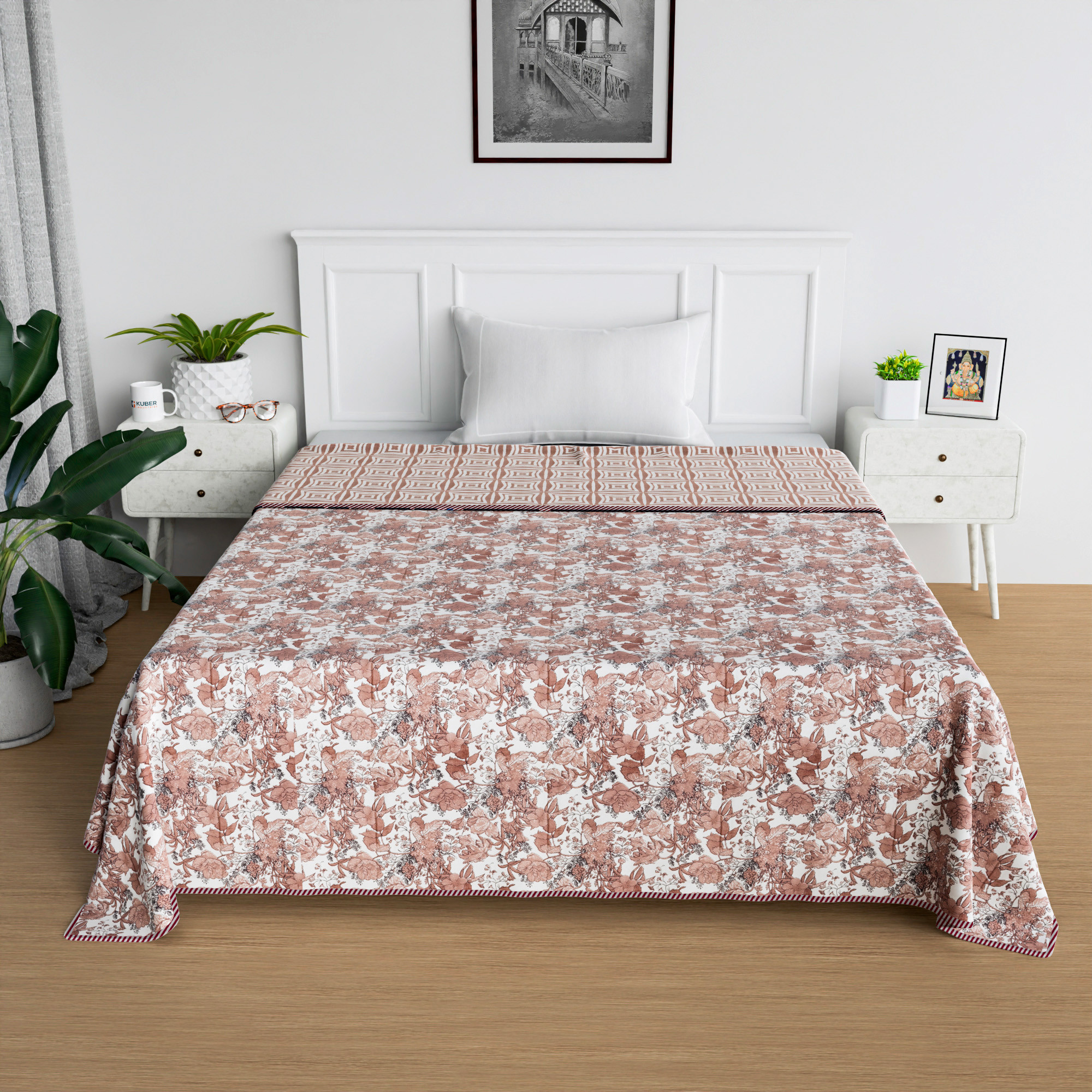 Kuber Industries Blanket  Cotton Single Bed Dohar  Reversible AC Blanket  All-Season Bed Blanket  Lightweight  Portable Blanket For Travelling  Brown Flower-Print  White