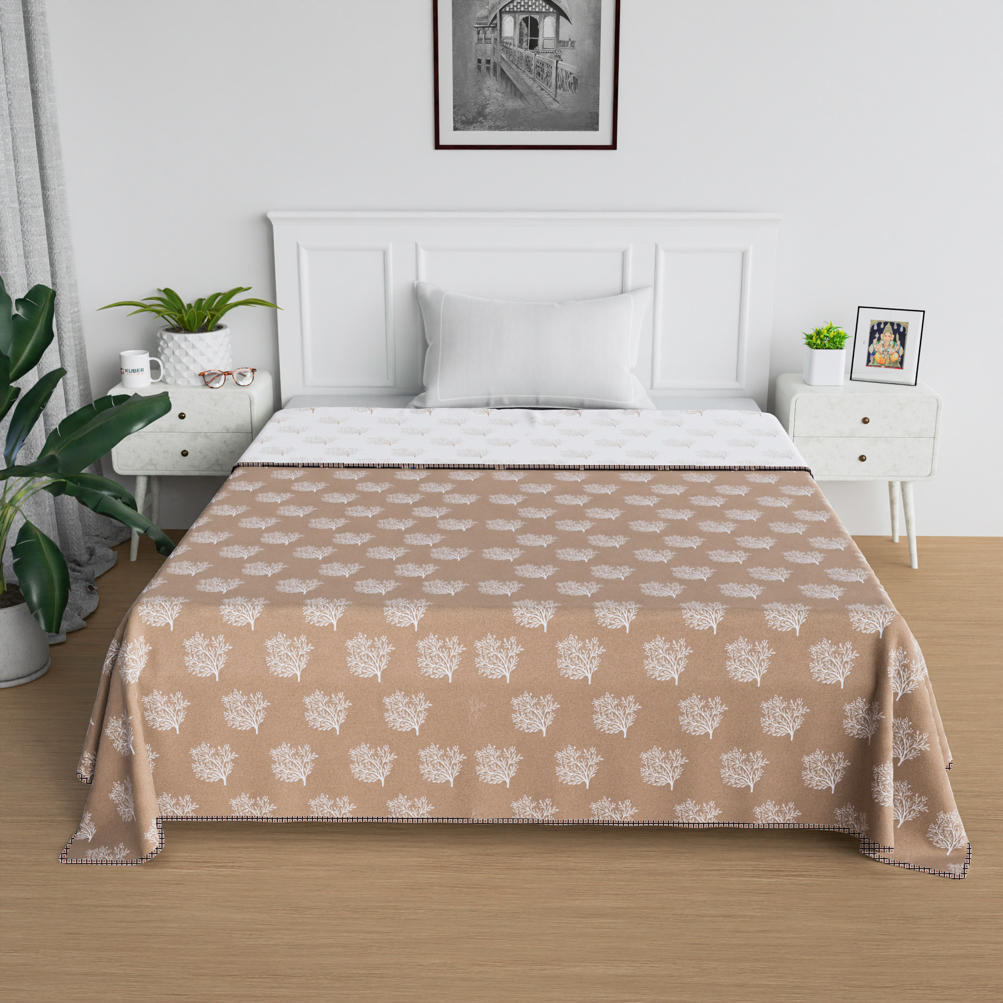 Kuber Industries Blanket  Cotton Single Bed Dohar  Reversible AC Blanket  All-Season Bed Blanket  Lightweight  Portable Blanket For Travelling  White Tree-Print  Brown