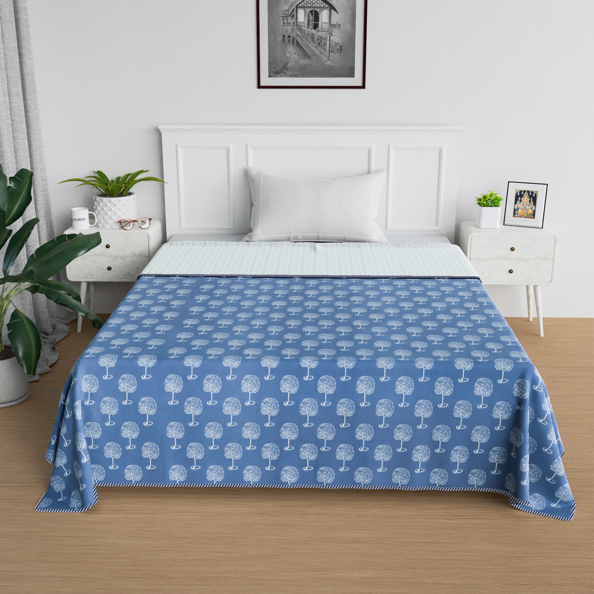 Kuber Industries Blanket  Cotton Single Bed Dohar  Reversible AC Blanket  All-Season Bed Blanket  Lightweight  Portable Blanket For Travelling  Tree-Print  Green