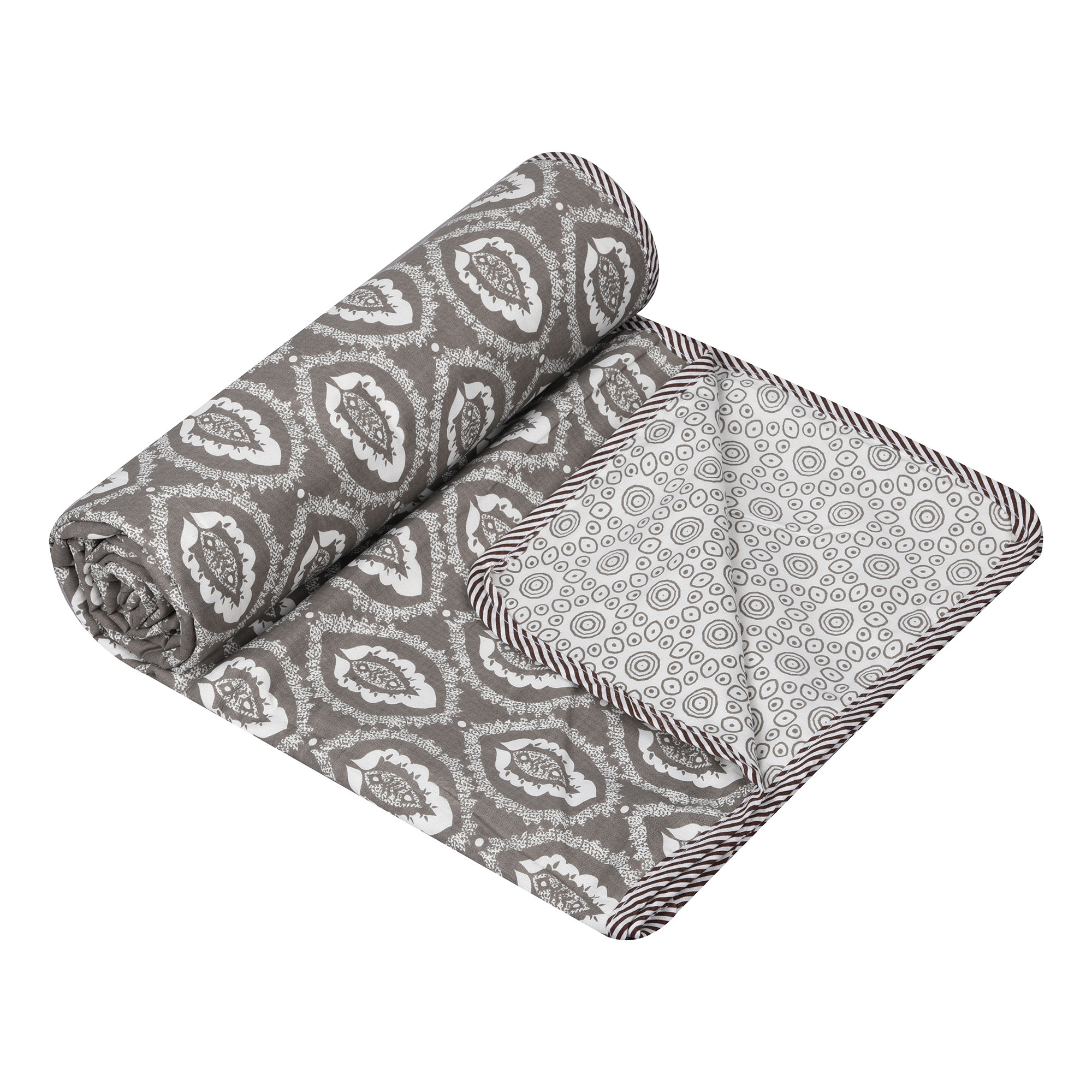 Kuber Industries Blanket  Cotton Single Bed Dohar  Reversible AC Blanket  All-Season Bed Blanket  Lightweight  Portable Blanket For Travelling  White Flower-Print  Grey
