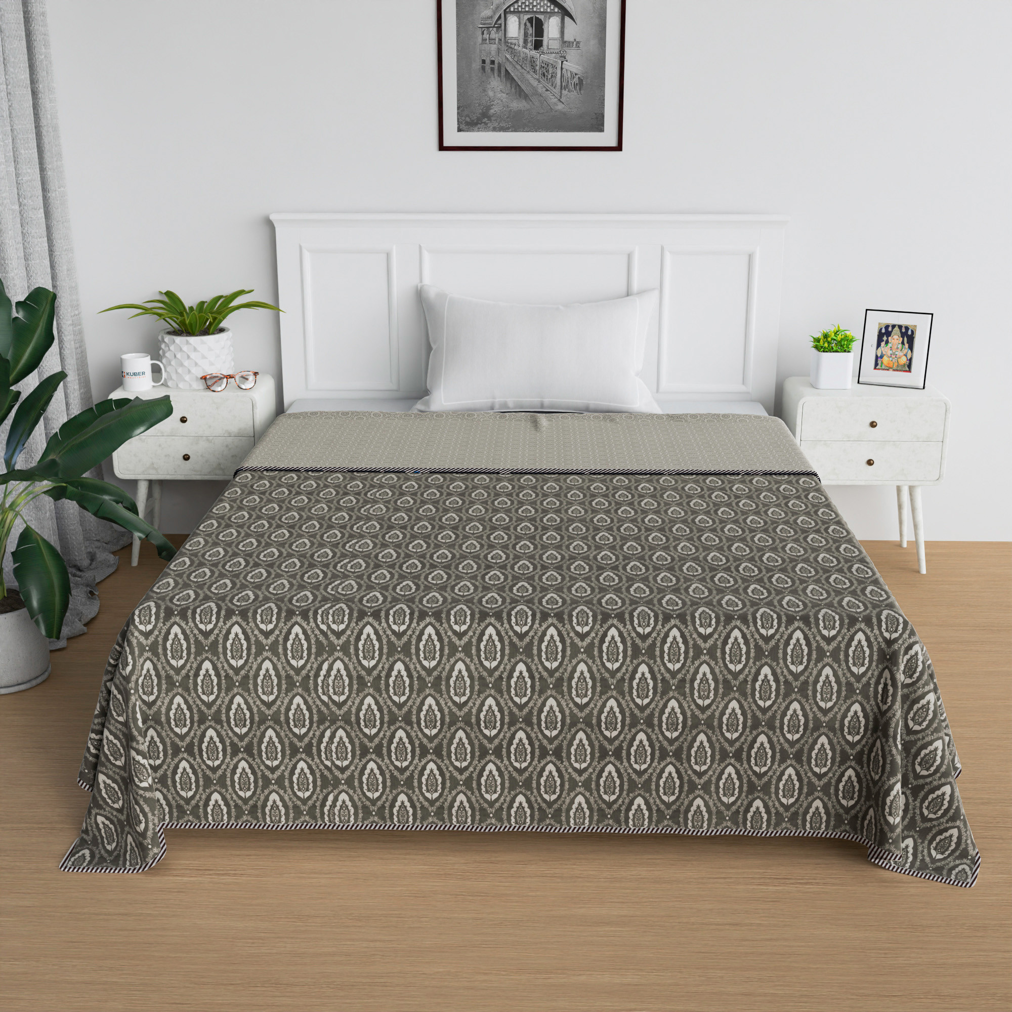 Kuber Industries Blanket  Cotton Single Bed Dohar  Reversible AC Blanket  All-Season Bed Blanket  Lightweight  Portable Blanket For Travelling  White Flower-Print  Grey