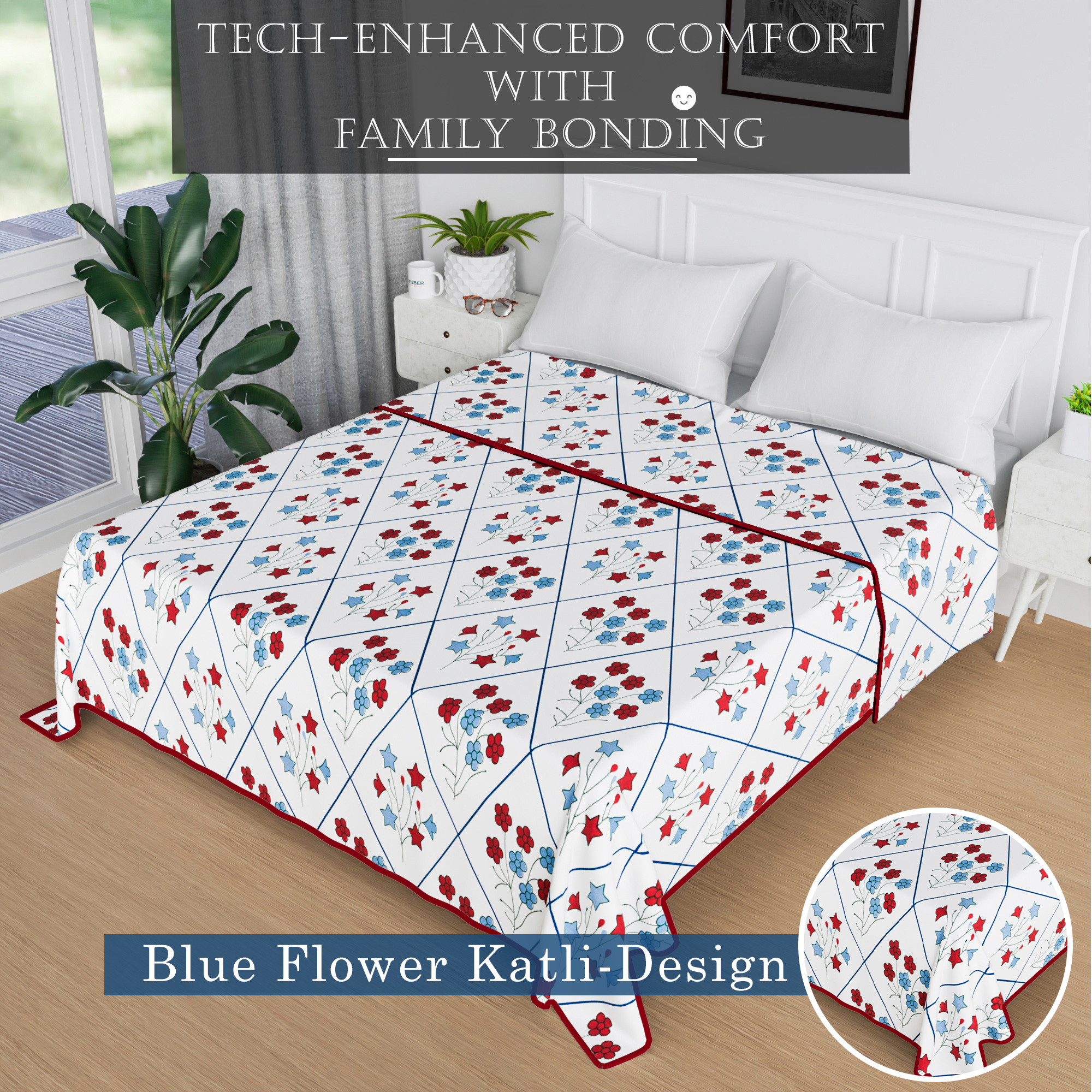 Kuber Industries Blanket  Reversible AC Comforter  Comforter Double Bed  Cotton Double Dohar  Lightweight Dohar for Summer  All-Season Bed Blanket  Blue Flower Katli-Design  White