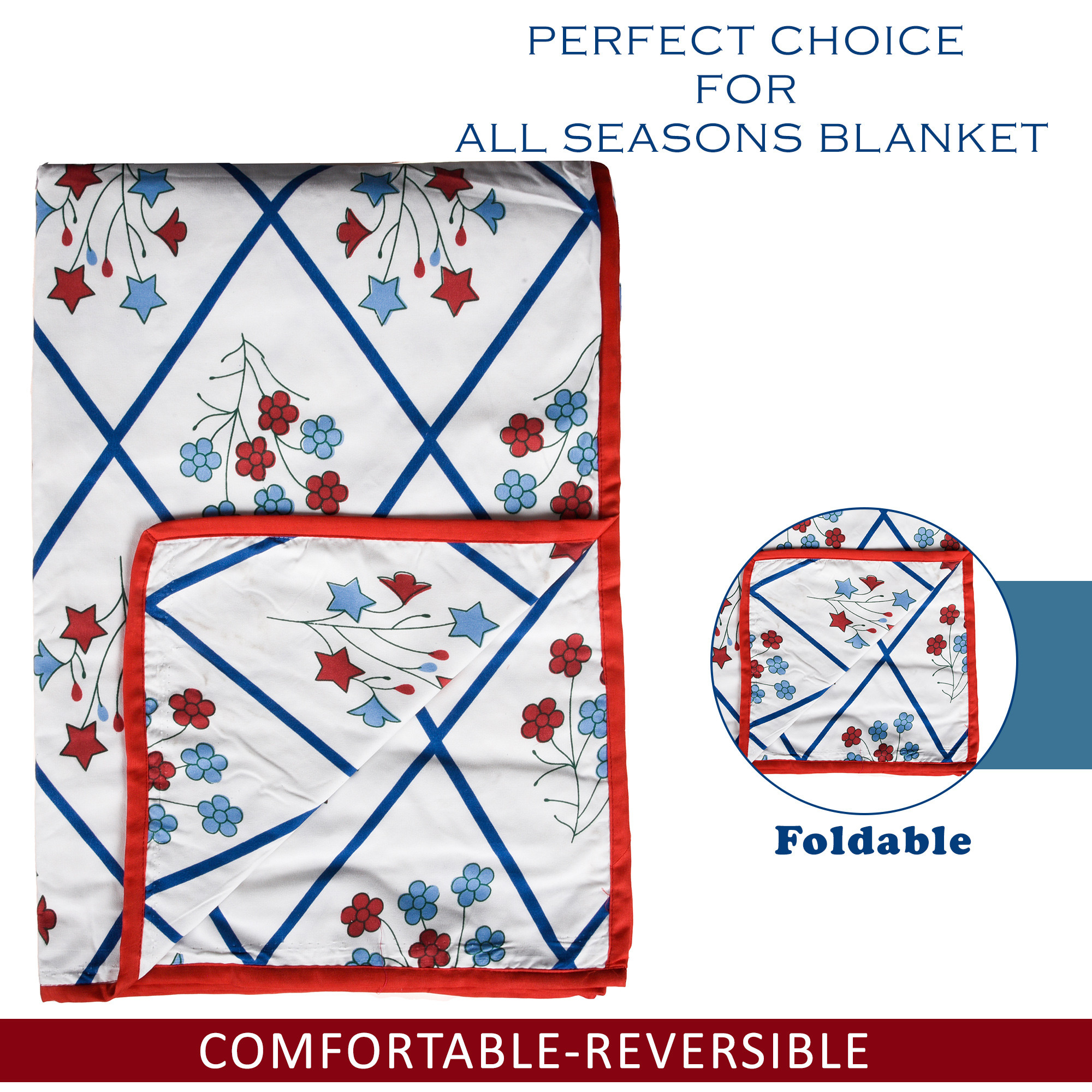 Kuber Industries Blanket  Reversible AC Comforter  Comforter Double Bed  Cotton Double Dohar  Lightweight Dohar for Summer  All-Season Bed Blanket  Blue Flower Katli-Design  White