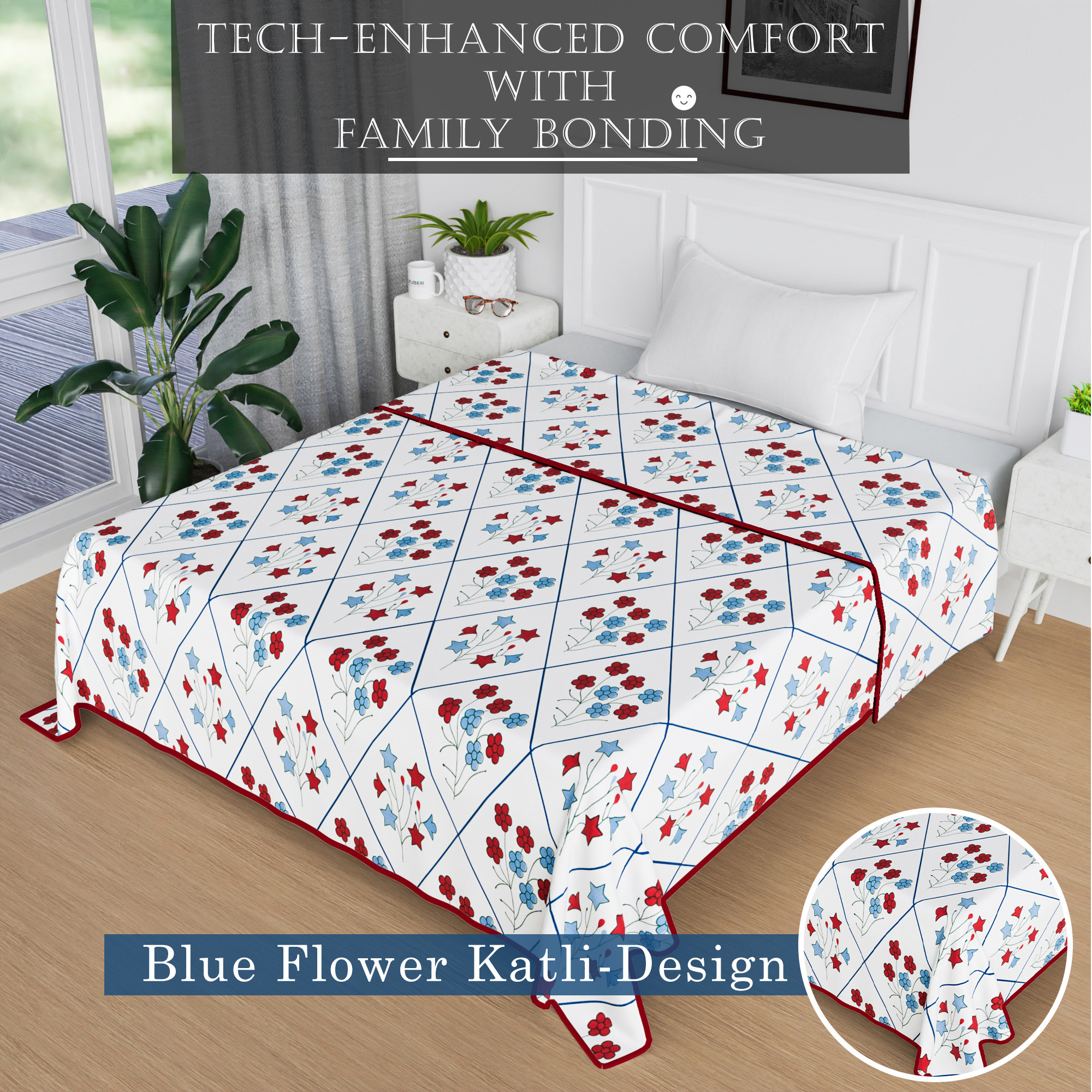 Kuber Industries Blanket  Reversible AC Comforter  Comforter Single Bed  Cotton Single Dohar  Lightweight Dohar for Summer  All-Season Bed Blanket  Blue Flower Katli-Design  White