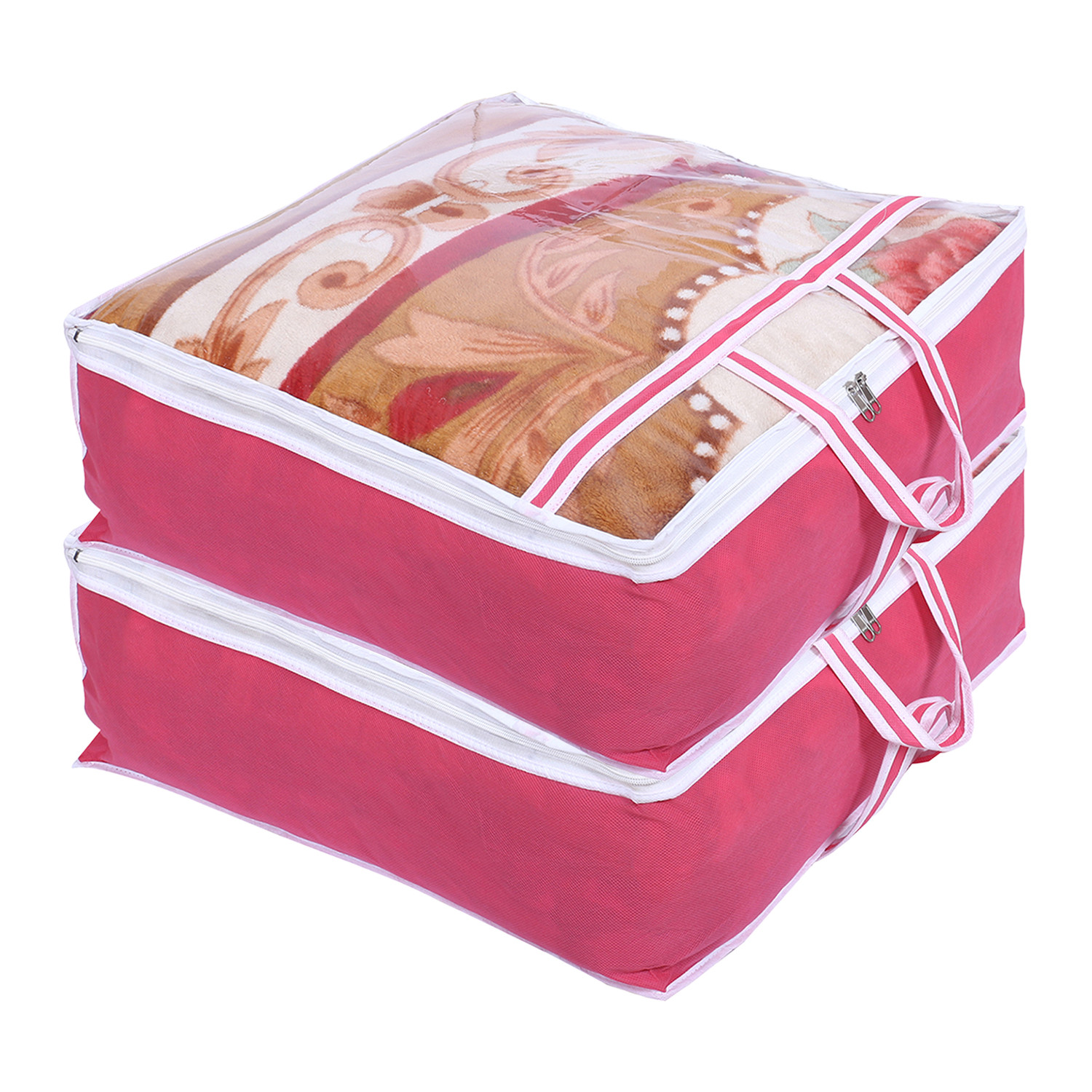Kuber Industries Blanket Cover | Non-Woven Blanket Cover for Saree | Zipper Storage Bag for Clothes | Wardrobe Organizer with Top Transparent Window | Extra Large|Pink