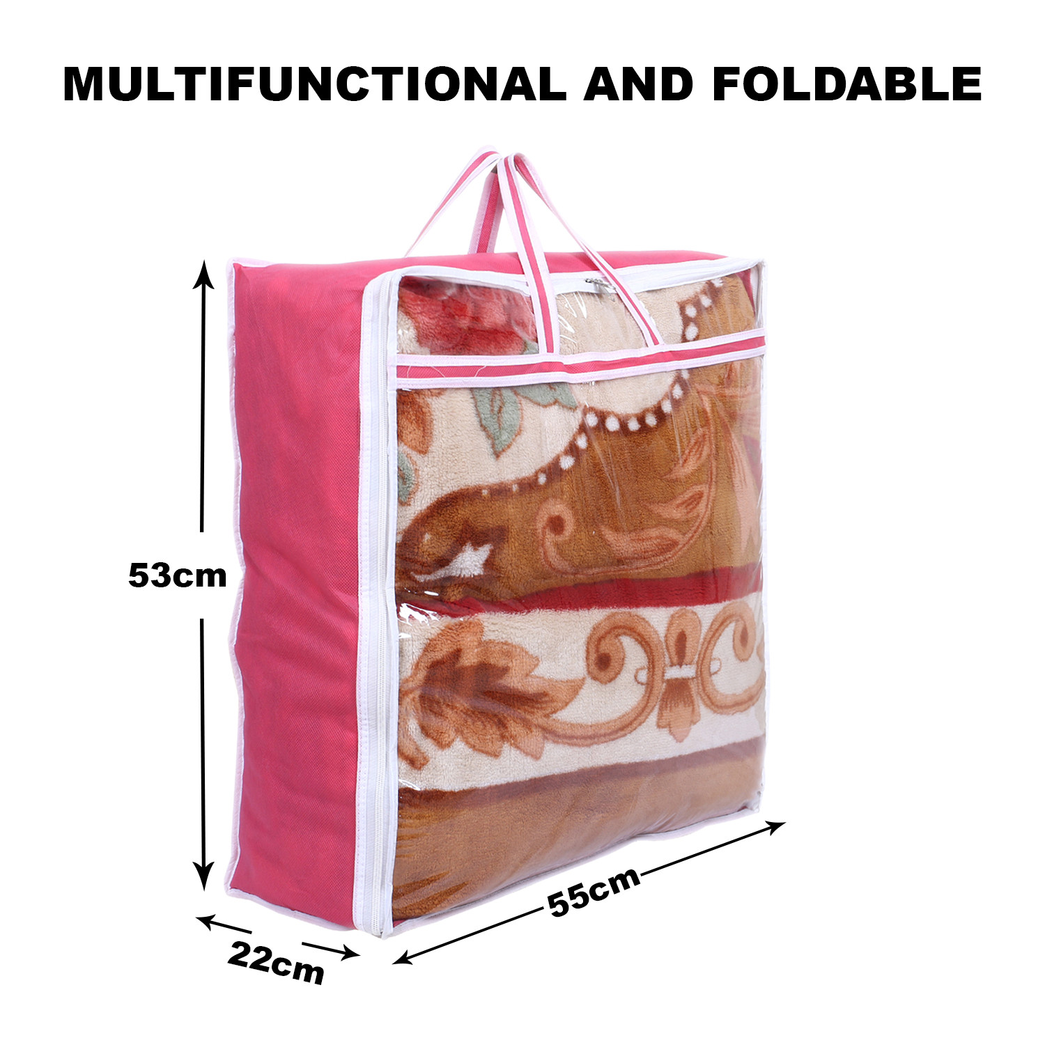 Kuber Industries Blanket Cover | Non-Woven Blanket Cover for Saree | Zipper Storage Bag for Clothes | Wardrobe Organizer with Top Transparent Window | Extra Large|Pink