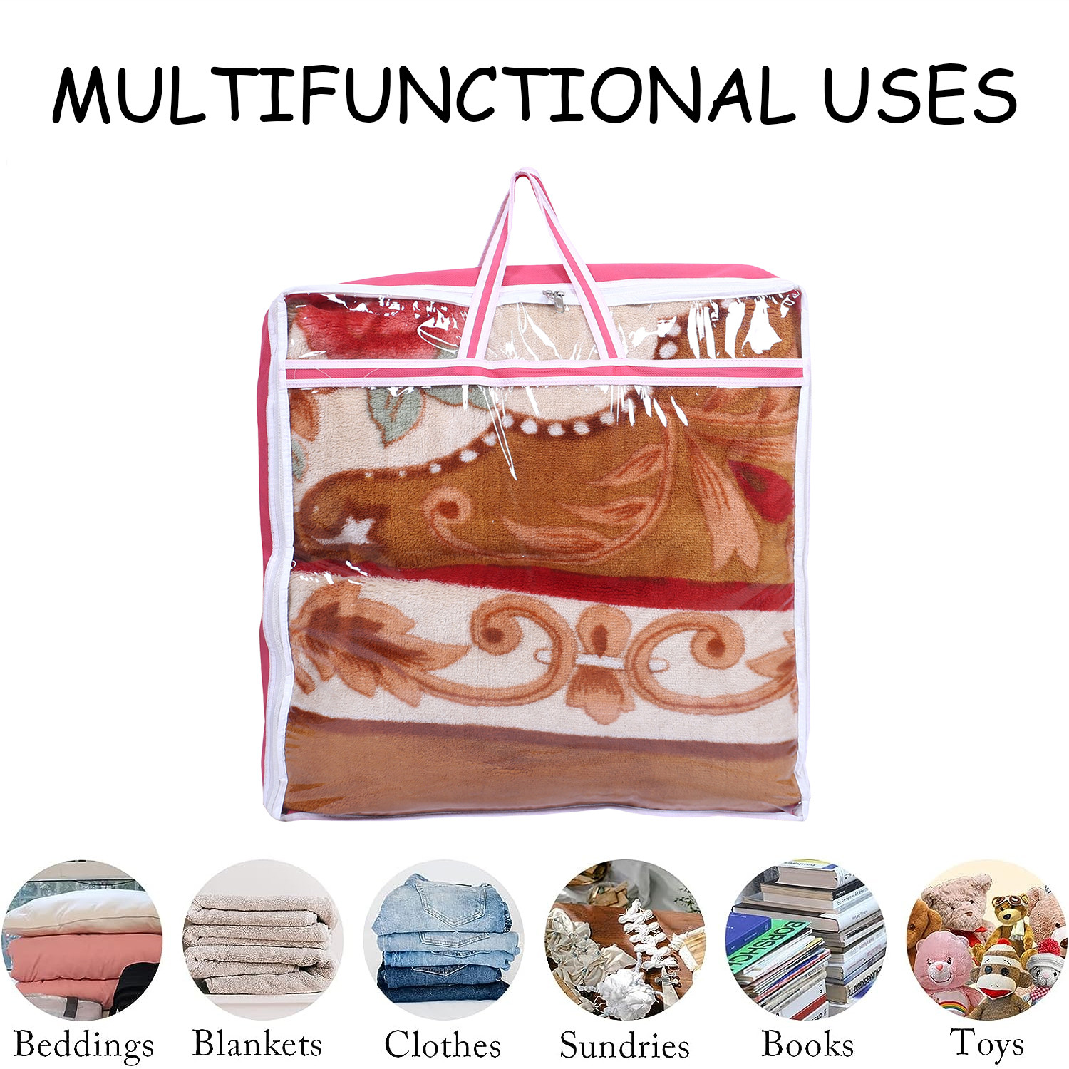 Kuber Industries Blanket Cover | Non-Woven Blanket Cover for Saree | Zipper Storage Bag for Clothes | Wardrobe Organizer with Top Transparent Window | Extra Large|Pink