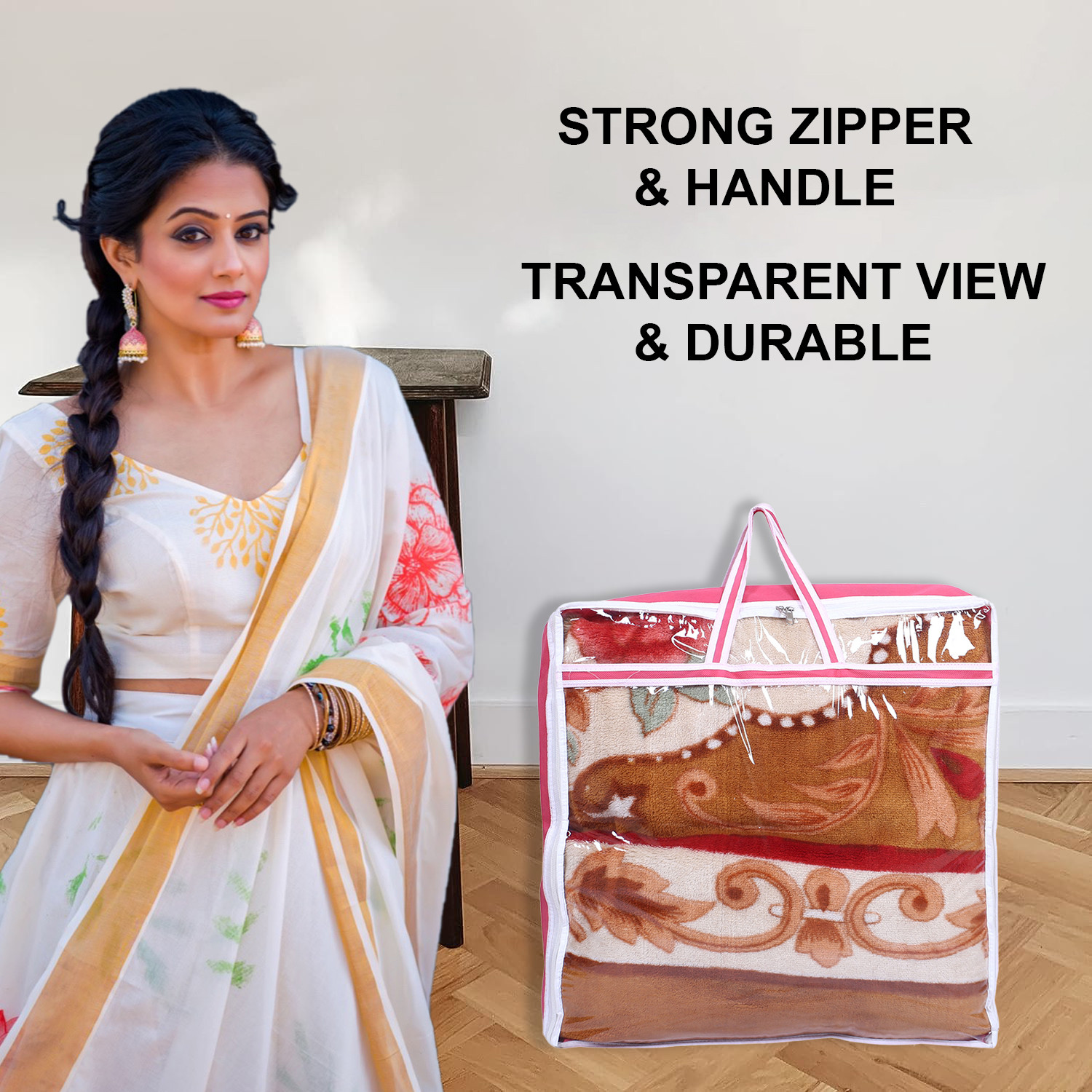 Kuber Industries Blanket Cover | Non-Woven Blanket Cover for Saree | Zipper Storage Bag for Clothes | Wardrobe Organizer with Top Transparent Window | Extra Large|Pink