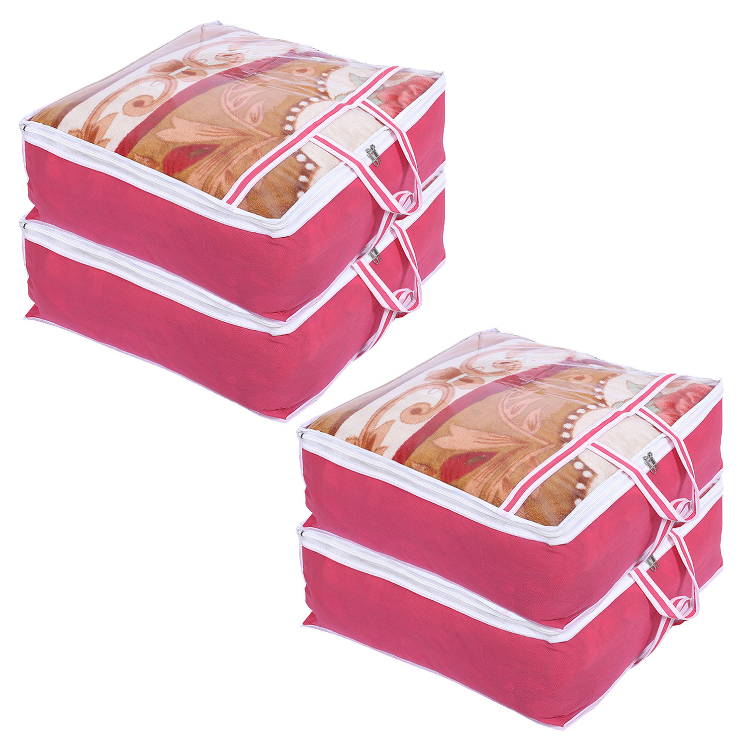 Kuber Industries Blanket Cover | Non-Woven Blanket Cover for Saree | Zipper Storage Bag for Clothes | Wardrobe Organizer with Top Transparent Window | Extra Large|Pink