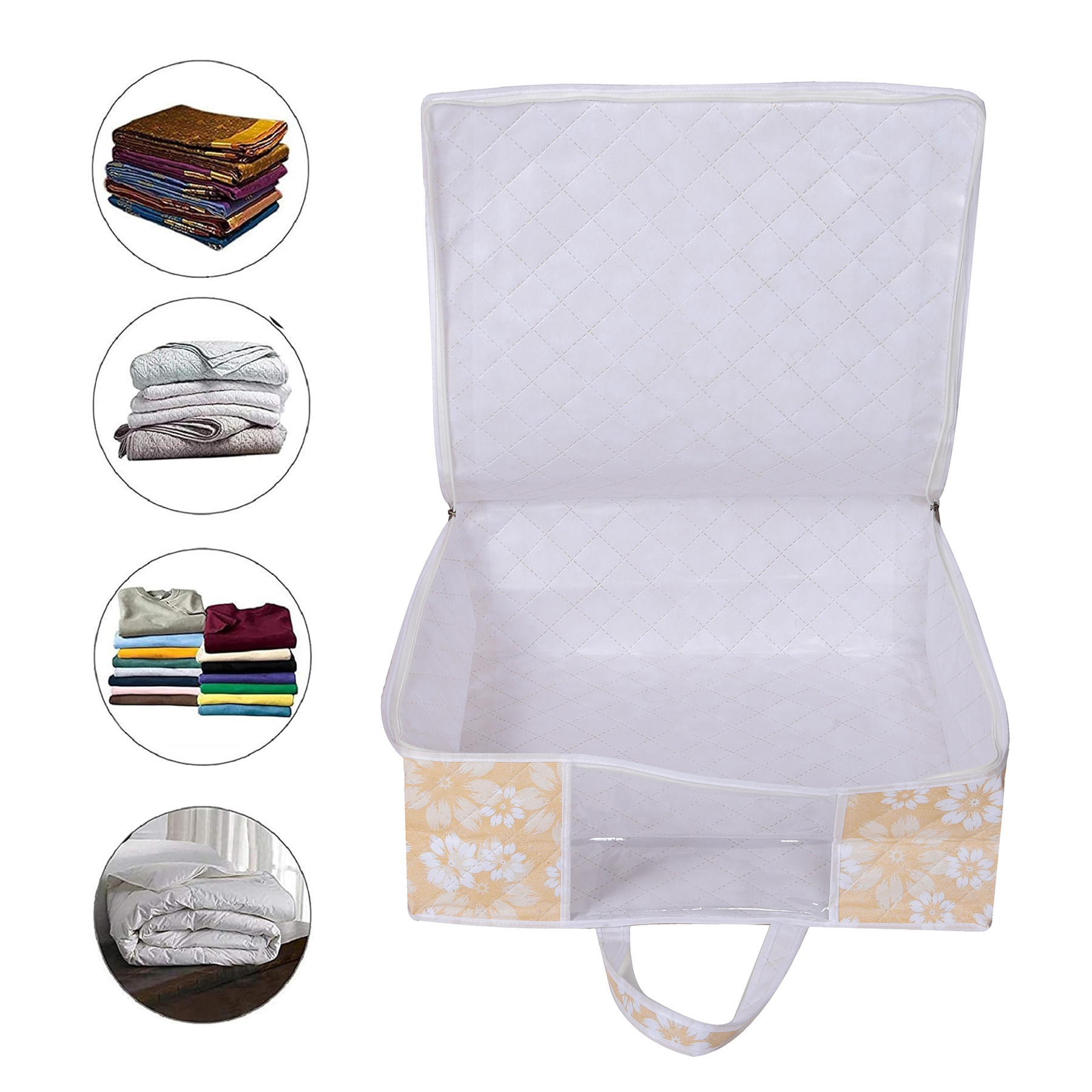 Kuber Industries Blanket Cover  Waterproof Underbed Storage Bag  Wardrobe Storage Bag  Visible Window with Handle  Bedding Clothes Bag  Flower Quilted Comforter Bag  Golden