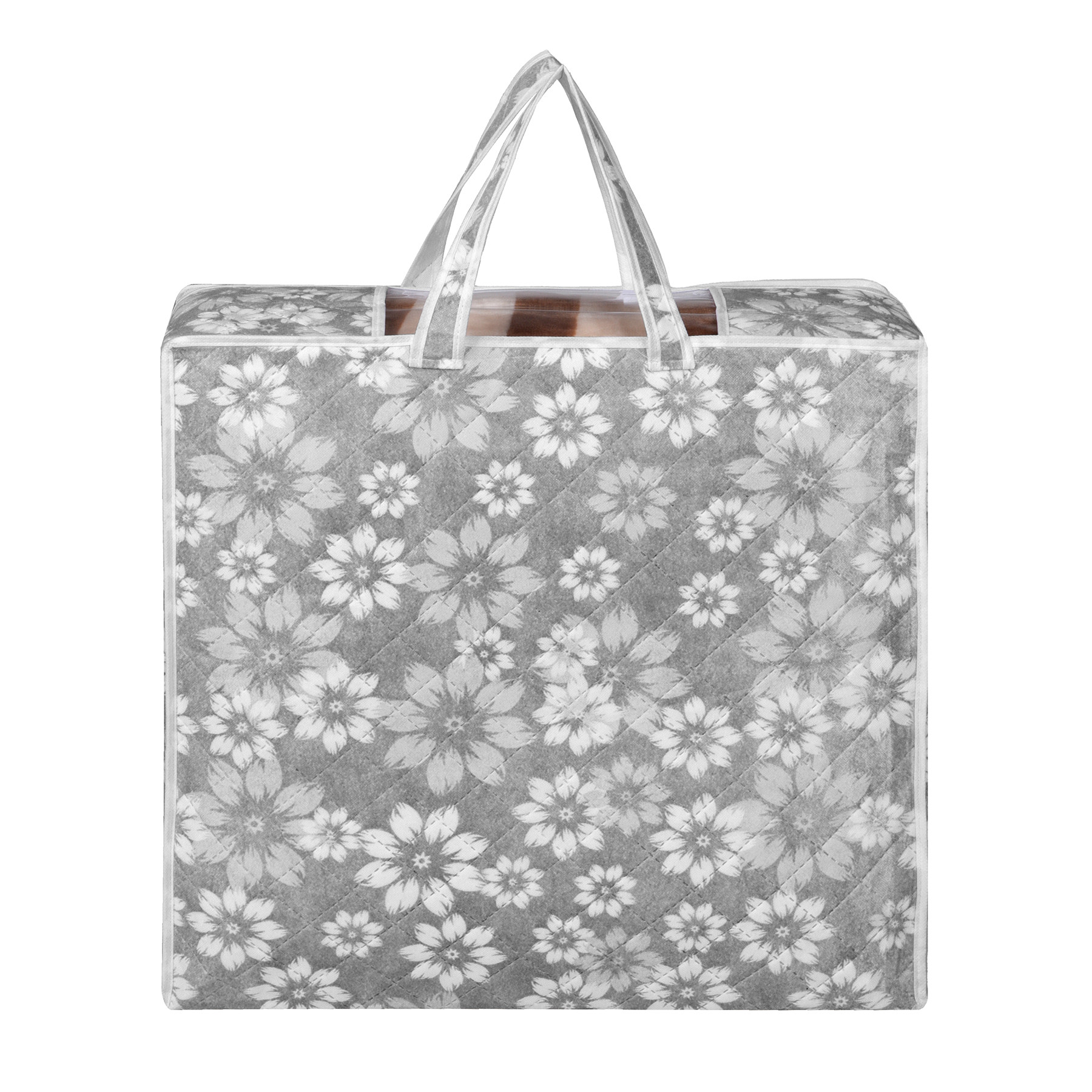 Kuber Industries Blanket Cover  Waterproof Underbed Storage Bag  Wardrobe Storage Bag  Visible Window with Handle  Bedding Clothes Bag  Flower Quilted Comforter Bag  Gray