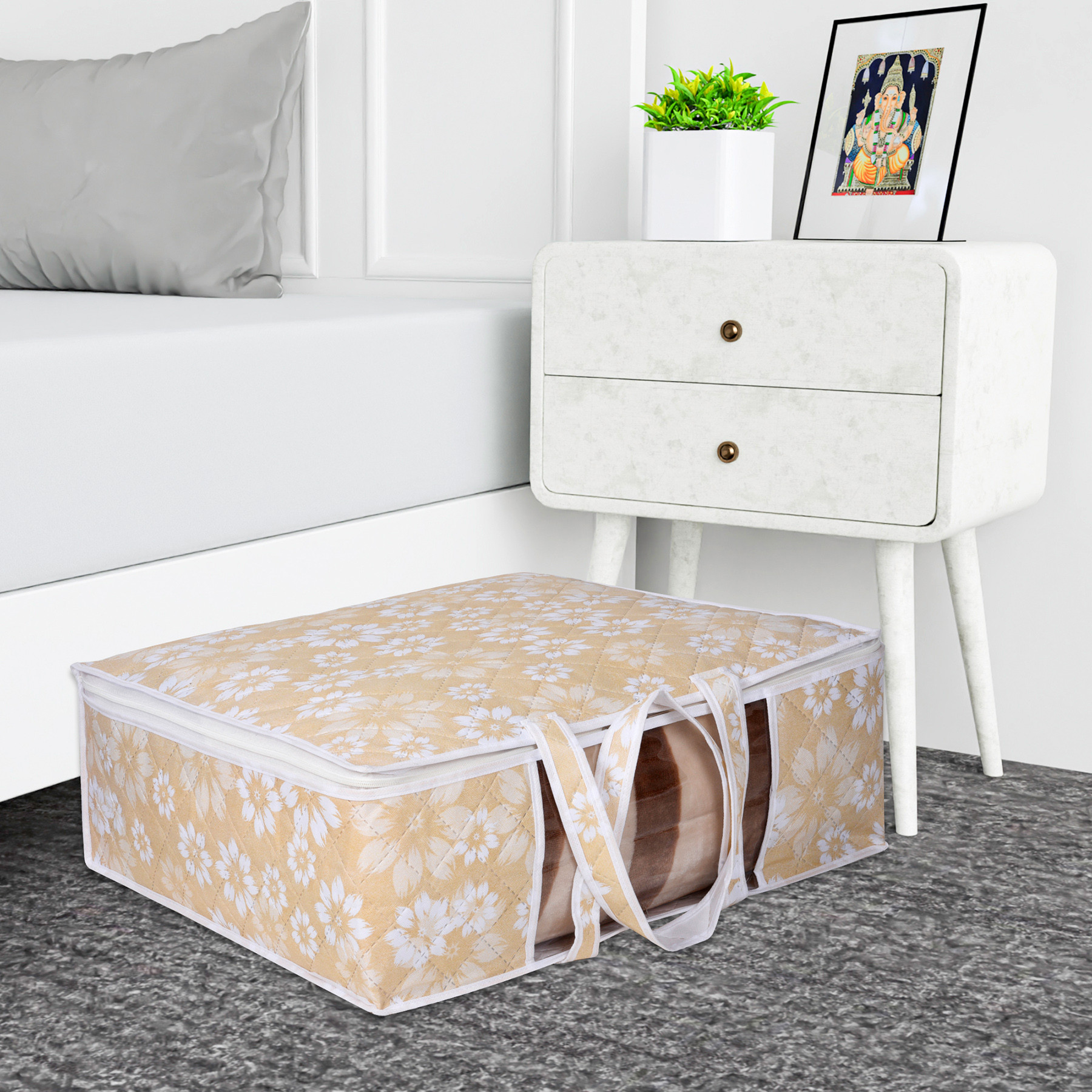 Kuber Industries Blanket Cover | Waterproof Underbed Storage Bag | Wardrobe Storage Bag | Visible Window with Handle | Bedding Clothes Bag | Flower Quilted Comforter Bag |Multi