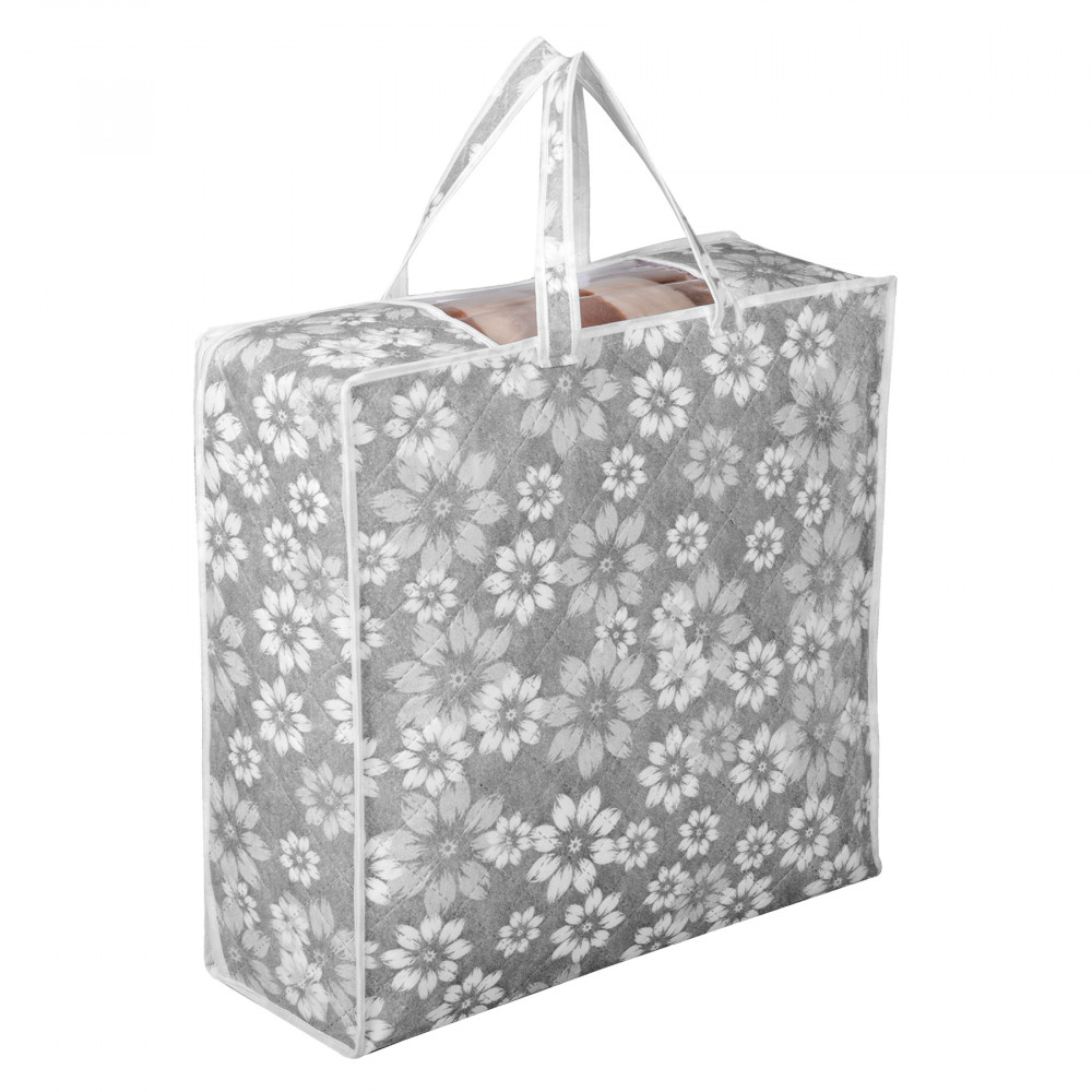 Kuber Industries Blanket Cover | Waterproof Underbed Storage Bag | Wardrobe Storage Bag | Visible Window with Handle | Bedding Clothes Bag | Flower Quilted Comforter Bag | Gray