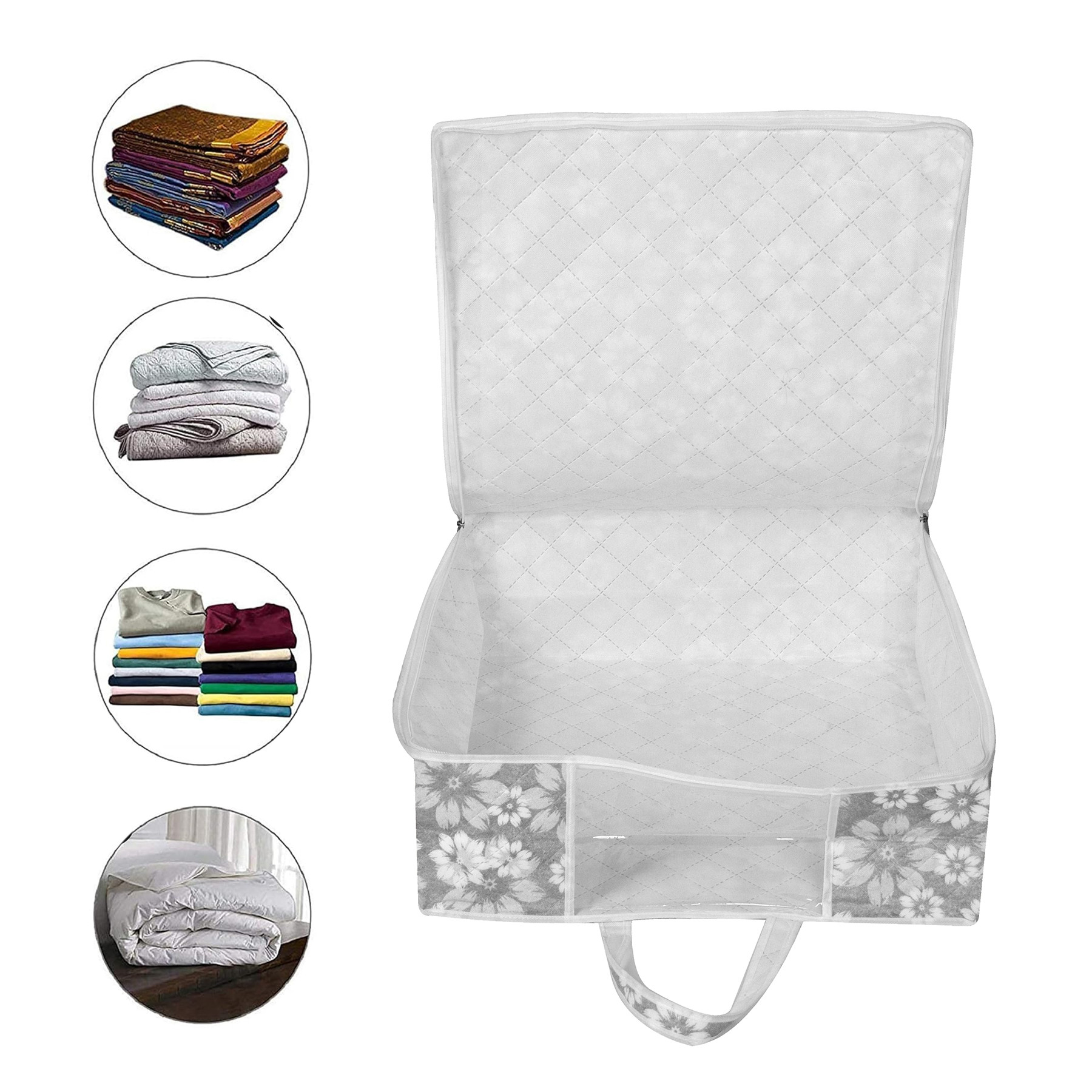 Kuber Industries Blanket Cover | Waterproof Underbed Storage Bag | Wardrobe Storage Bag | Visible Window with Handle | Bedding Clothes Bag | Flower Quilted Comforter Bag | Gray
