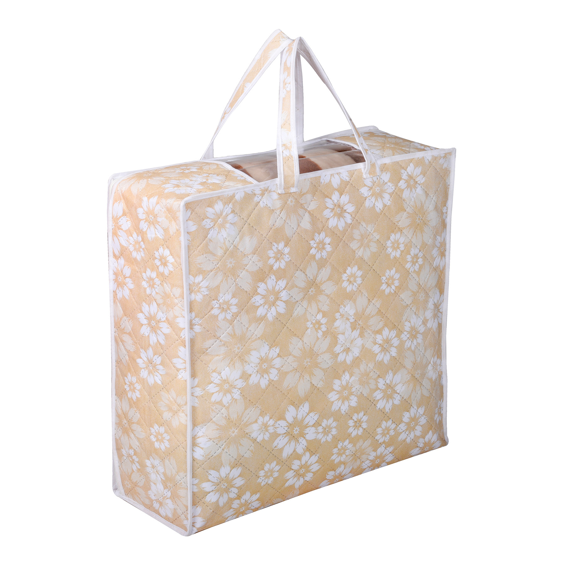 Kuber Industries Blanket Cover | Waterproof Underbed Storage Bag | Wardrobe Storage Bag | Visible Window with Handle | Bedding Clothes Bag | Flower Quilted Comforter Bag | Golden
