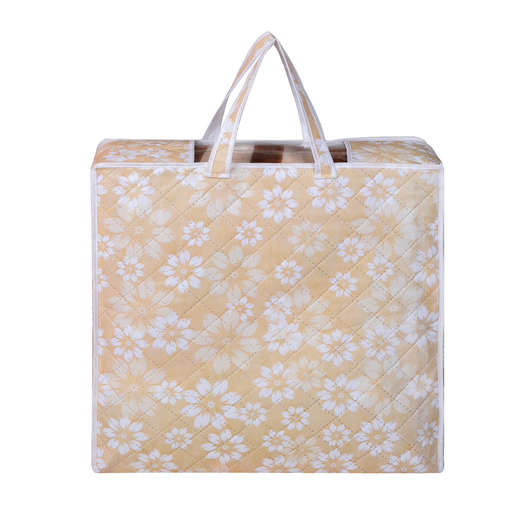 Kuber Industries Blanket Cover | Waterproof Underbed Storage Bag | Wardrobe Storage Bag | Visible Window with Handle | Bedding Clothes Bag | Flower Quilted Comforter Bag | Golden