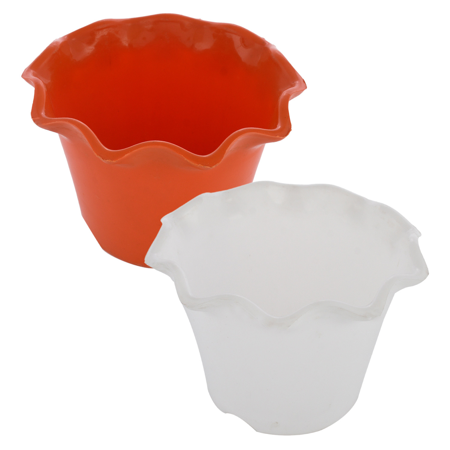Kuber Industries Blossom Flower Pot|Durable Plastic Flower Pot|Gamla With Drain Holes for Home Décor|Balcony|Garden|8 Inch|Pack of 2 (White & Orange)