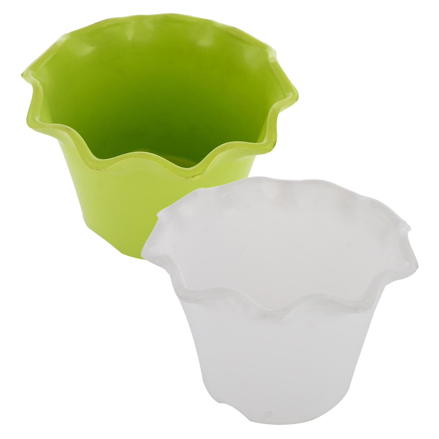 Kuber Industries Blossom Flower Pot|Durable Plastic Flower Pot|Gamla With Drain Holes for Home Décor|Balcony|Garden|8 Inch|Pack of 2 (White & Green)