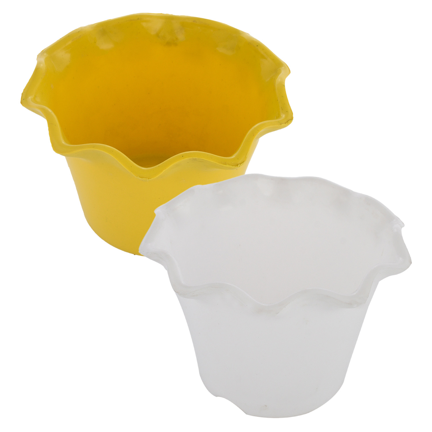 Kuber Industries Blossom Flower Pot|Durable Plastic Flower Pot|Gamla With Drain Holes for Home Décor|Balcony|Garden|8 Inch|Pack of 2 (White & Yellow)