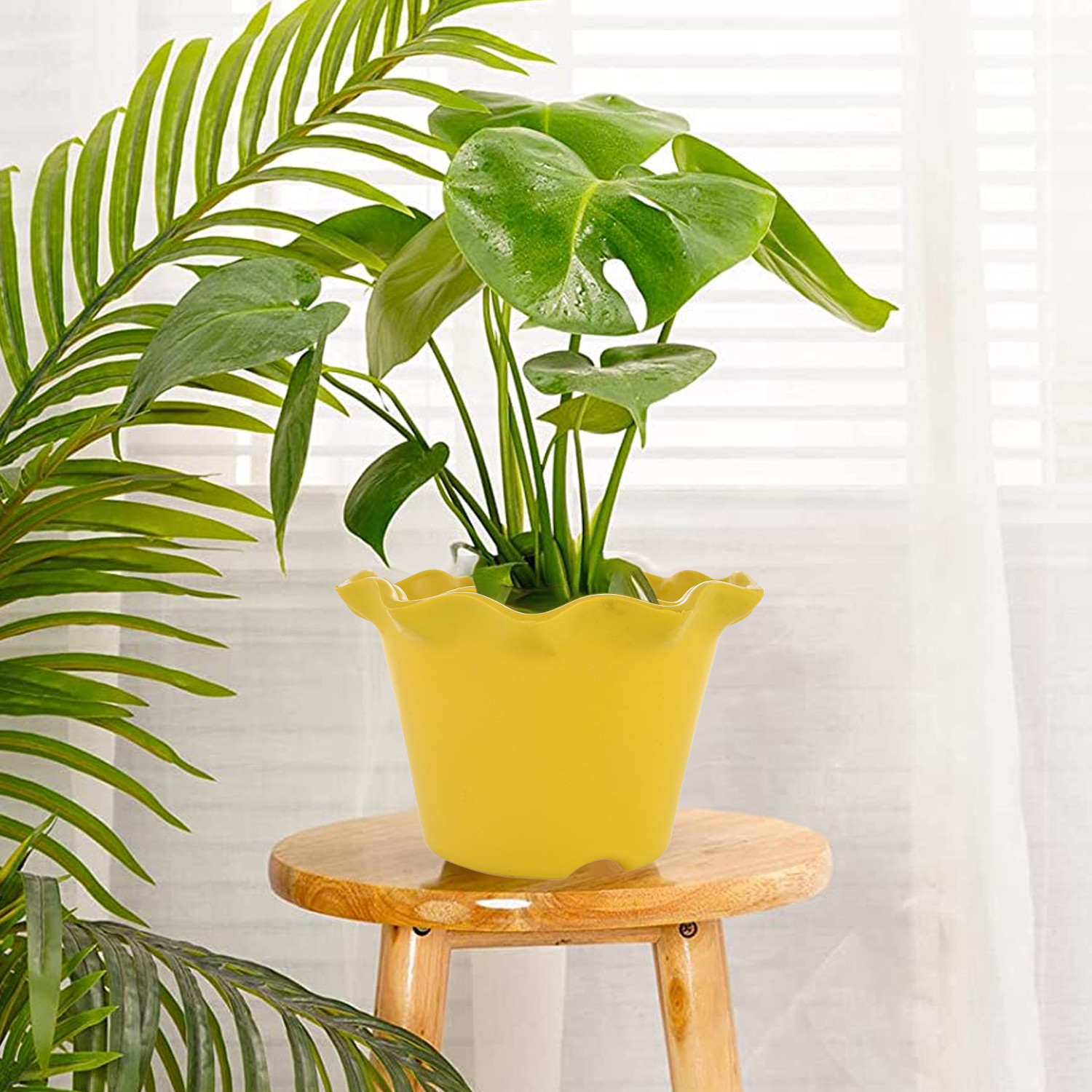 Kuber Industries Blossom Flower Pot|Durable Plastic Flower Pot|Gamla With Drain Holes for Home Décor|Balcony|Garden|8 Inch|Pack of 2 (Blue & Yellow)