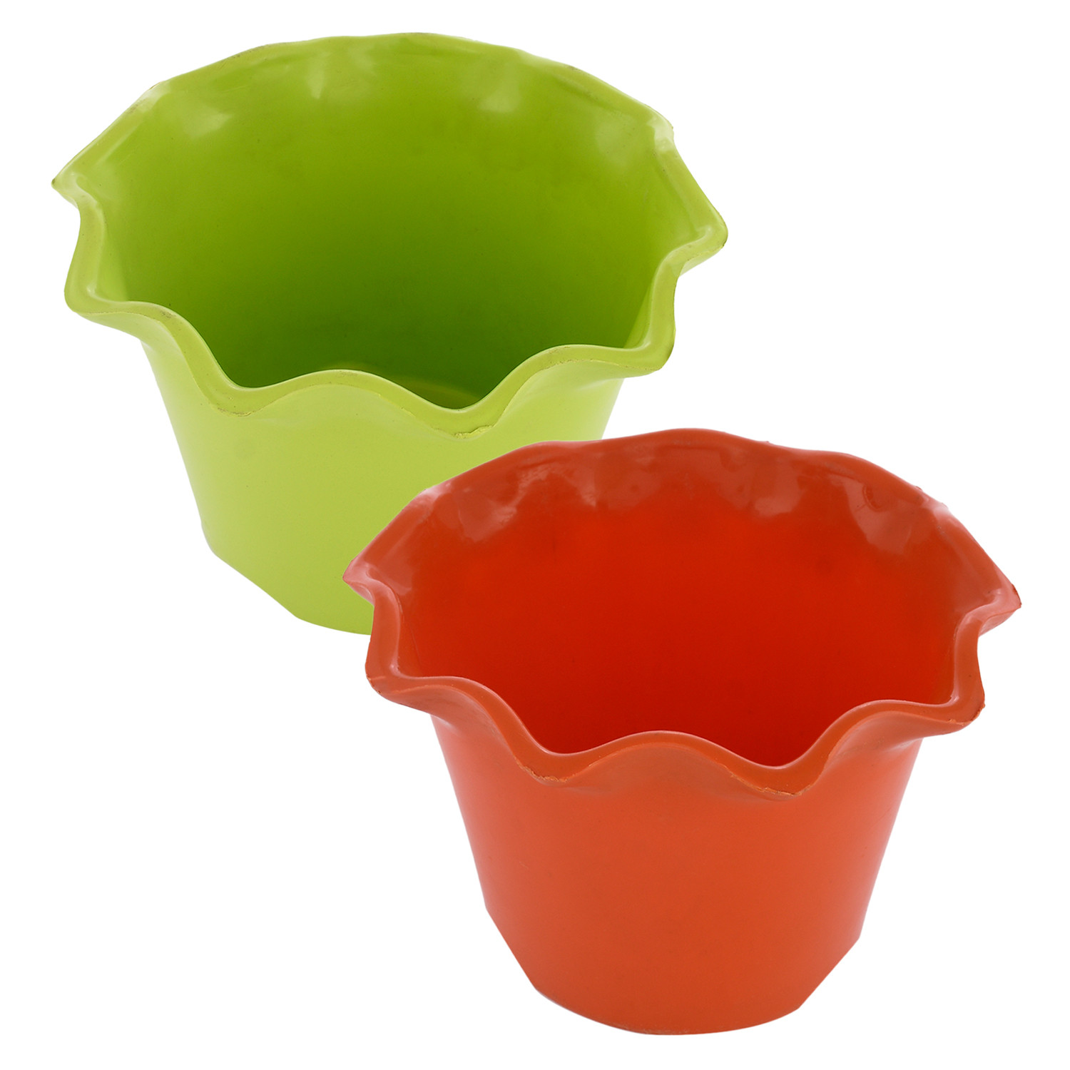 Kuber Industries Blossom Flower Pot|Durable Plastic Flower Pot|Gamla With Drain Holes for Home Décor|Balcony|Garden|8 Inch|Pack of 2 (Orange & Green)