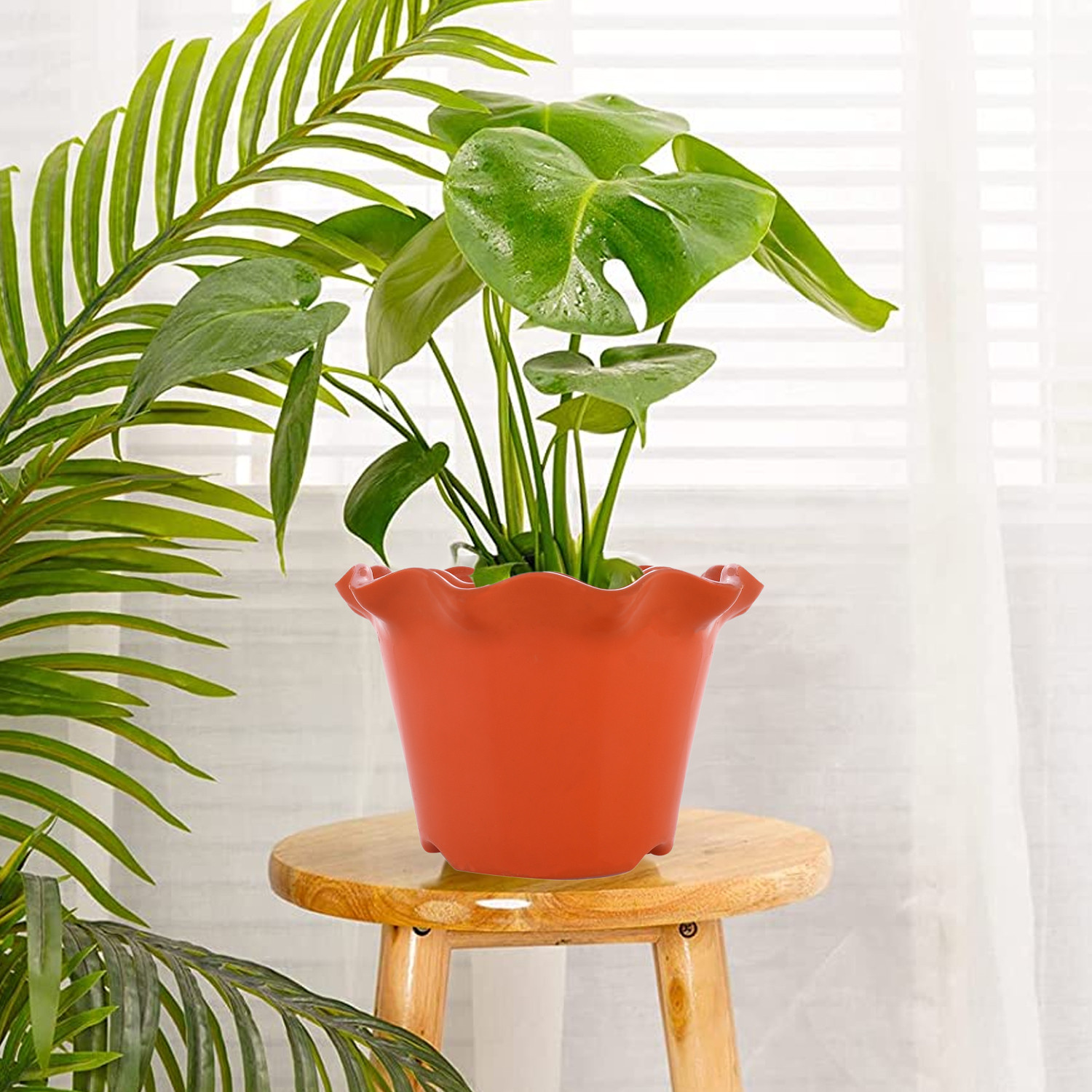 Kuber Industries Blossom Flower Pot|Durable Plastic Flower Pots|Planters for Home Décor|Garden|Living Room|Balcony|Pack of 2 (White & Orange)