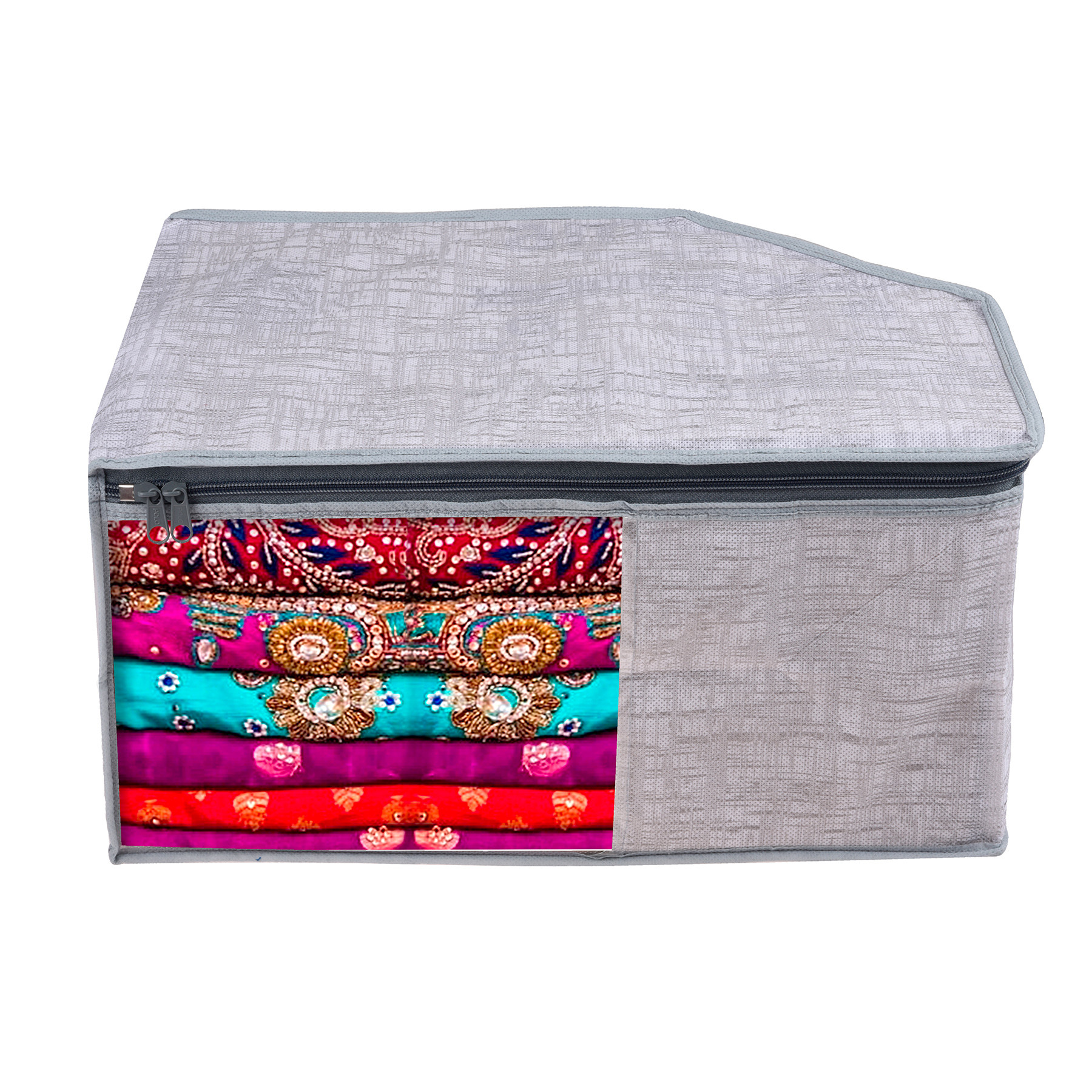 Kuber Industries Blouse Cover  Clothes Storage Bag  Zipper Closure Wardrobe Organizers  Clothes Organizer with Transparent Window  Jute Printed Clothes Bag  Pack of 3  Gray