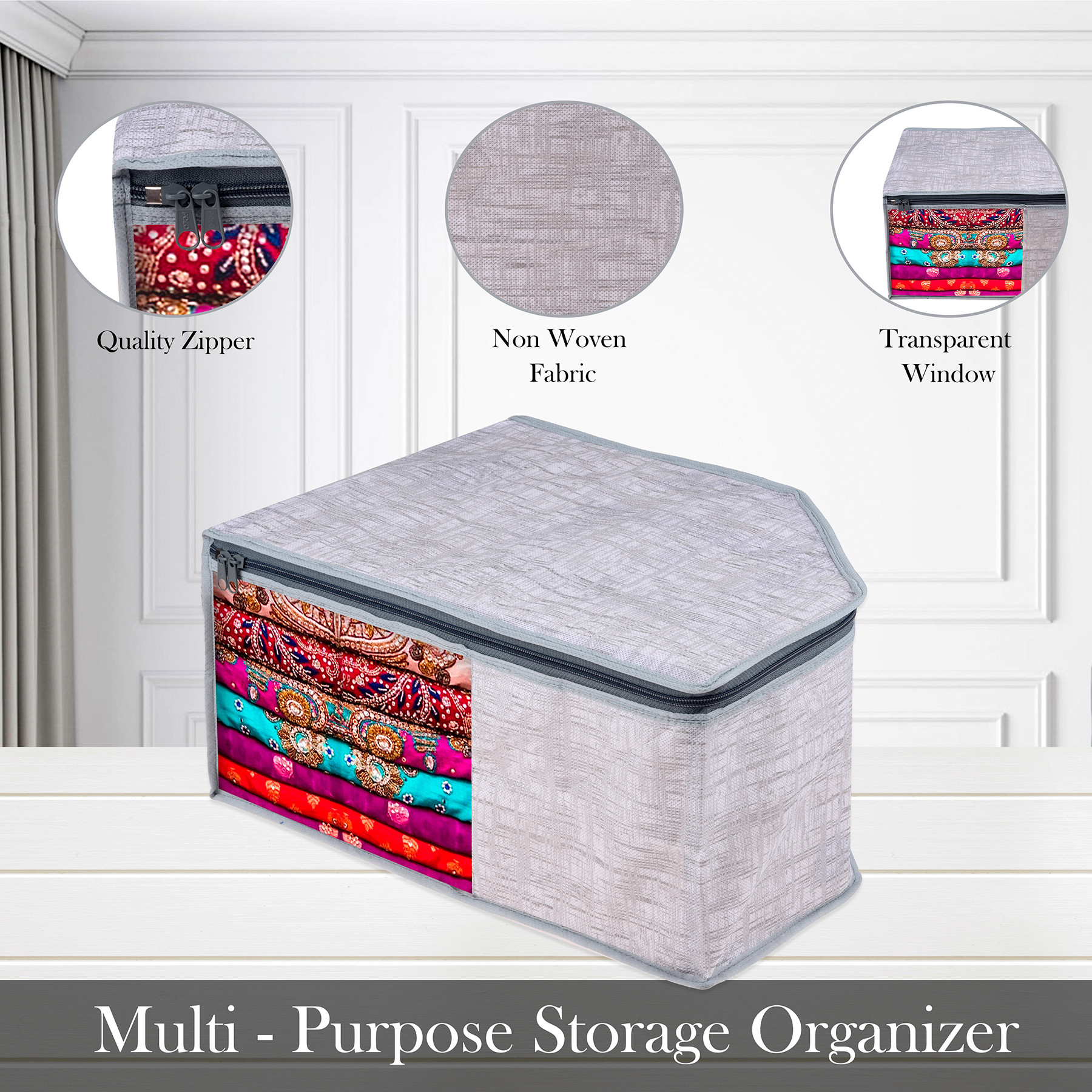 Kuber Industries Blouse Cover  Clothes Storage Bag  Zipper Closure Wardrobe Organizers  Clothes Organizer with Transparent Window  Jute Printed Clothes Bag  Pack of 3  Gray