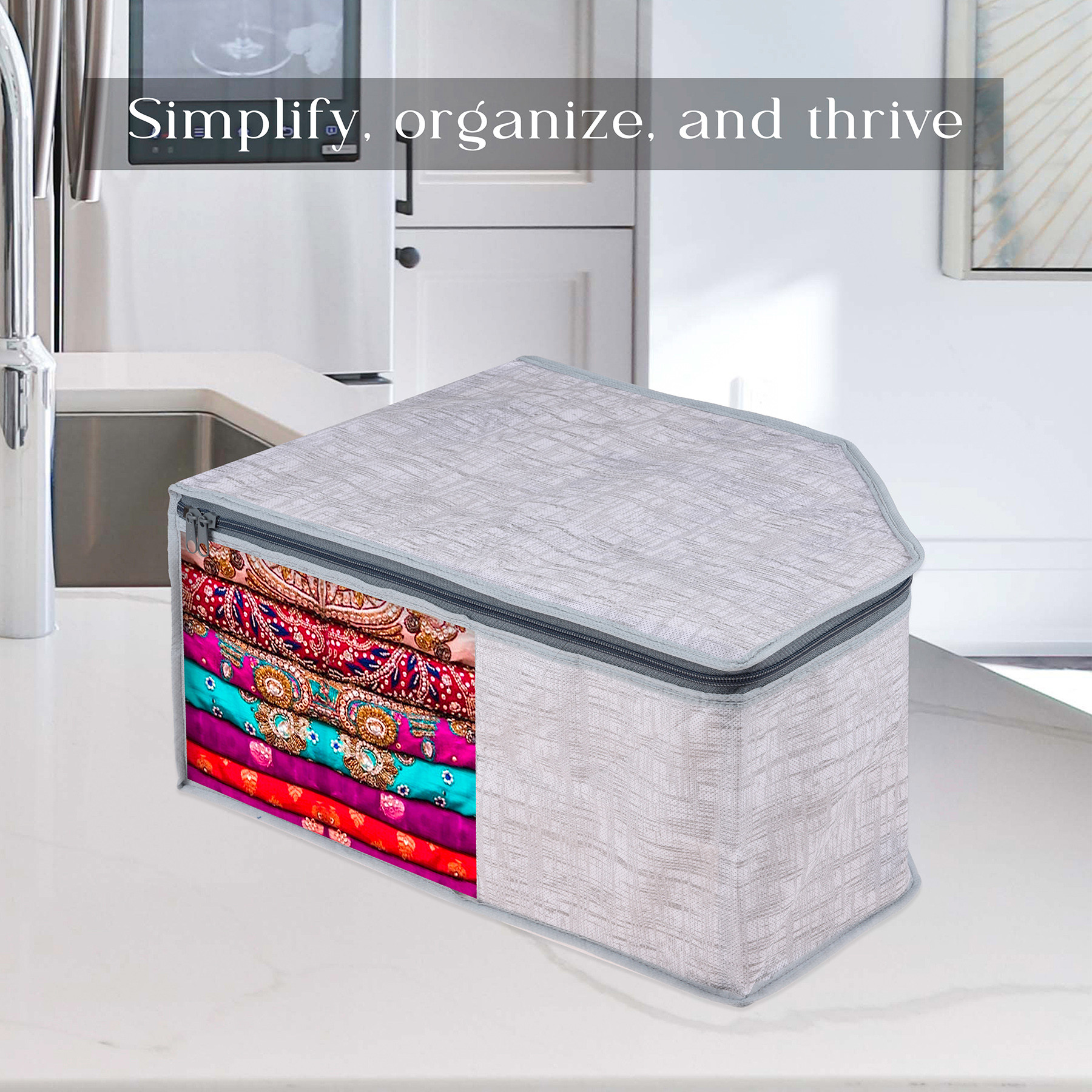 Kuber Industries Blouse Cover  Clothes Storage Bag  Zipper Closure Wardrobe Organizers  Clothes Organizer with Transparent Window  Jute Printed Clothes Bag  Pack of 3  Gray