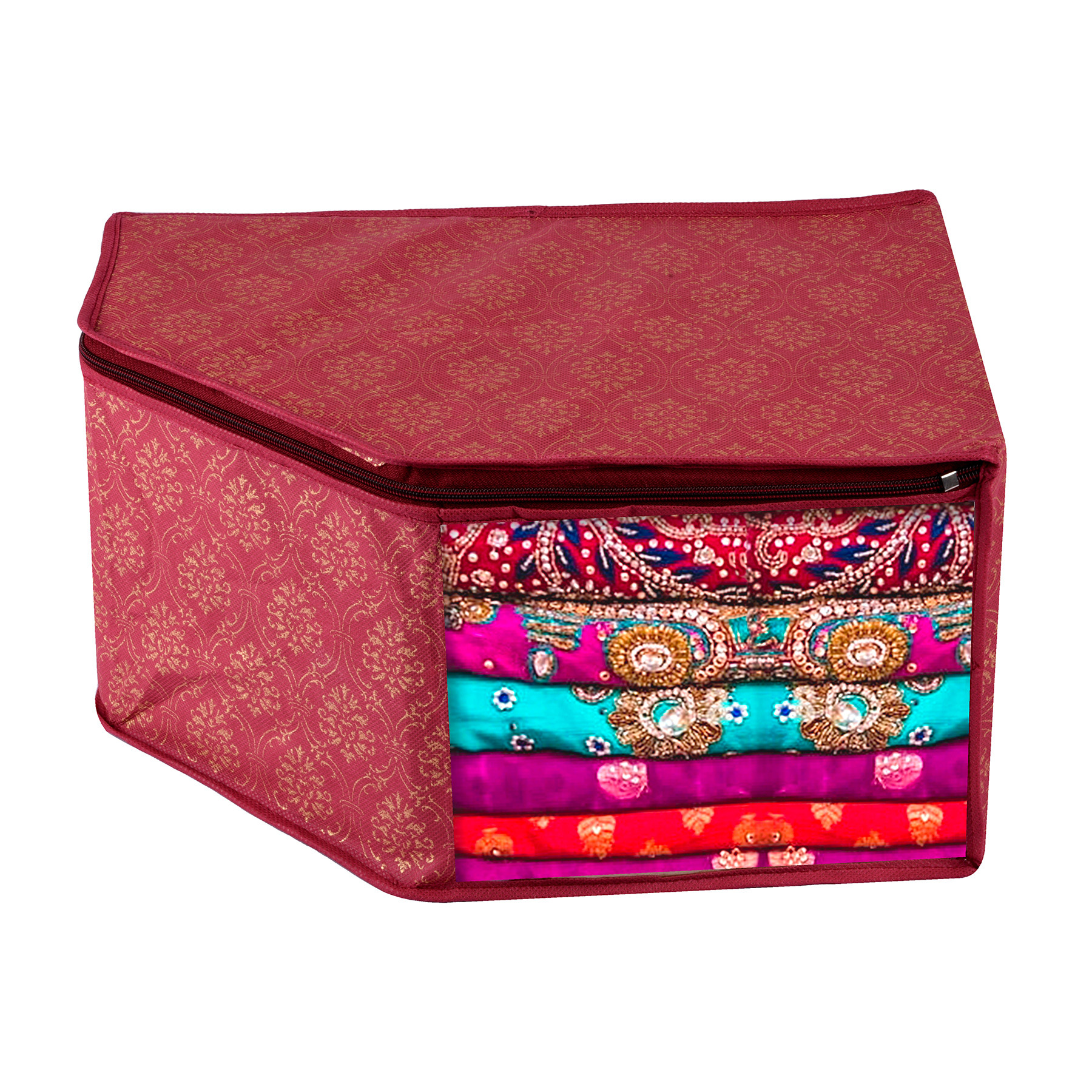 Kuber Industries Blouse Cover  Clothes Storage Bag  Zipper Closure Wardrobe Organizers  Clothes Organizer with Transparent Window  Golden-Printed Clothes Bag  Pack of 3  Maroon