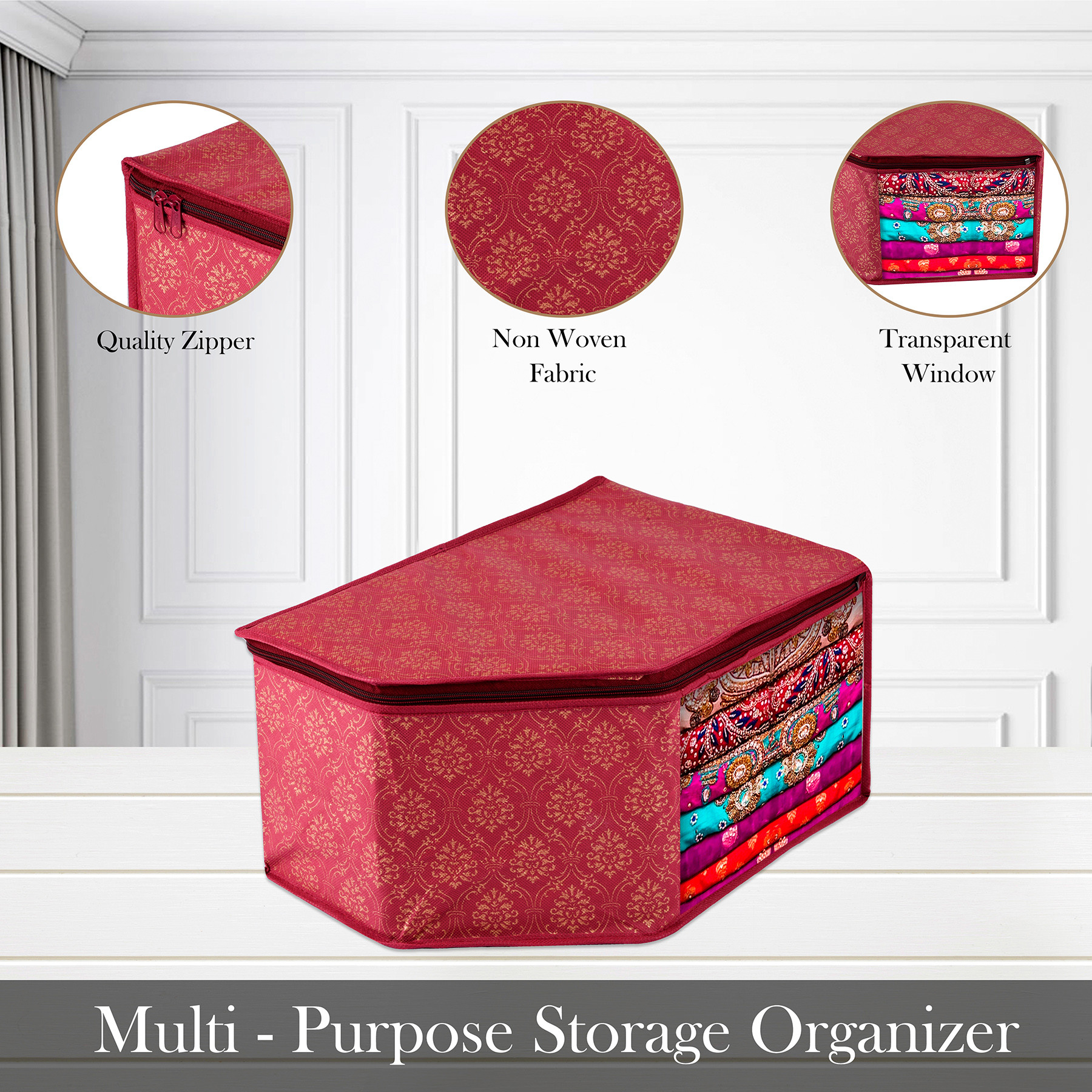 Kuber Industries Blouse Cover  Clothes Storage Bag  Zipper Closure Wardrobe Organizers  Clothes Organizer with Transparent Window  Golden-Printed Clothes Bag  Pack of 3  Maroon
