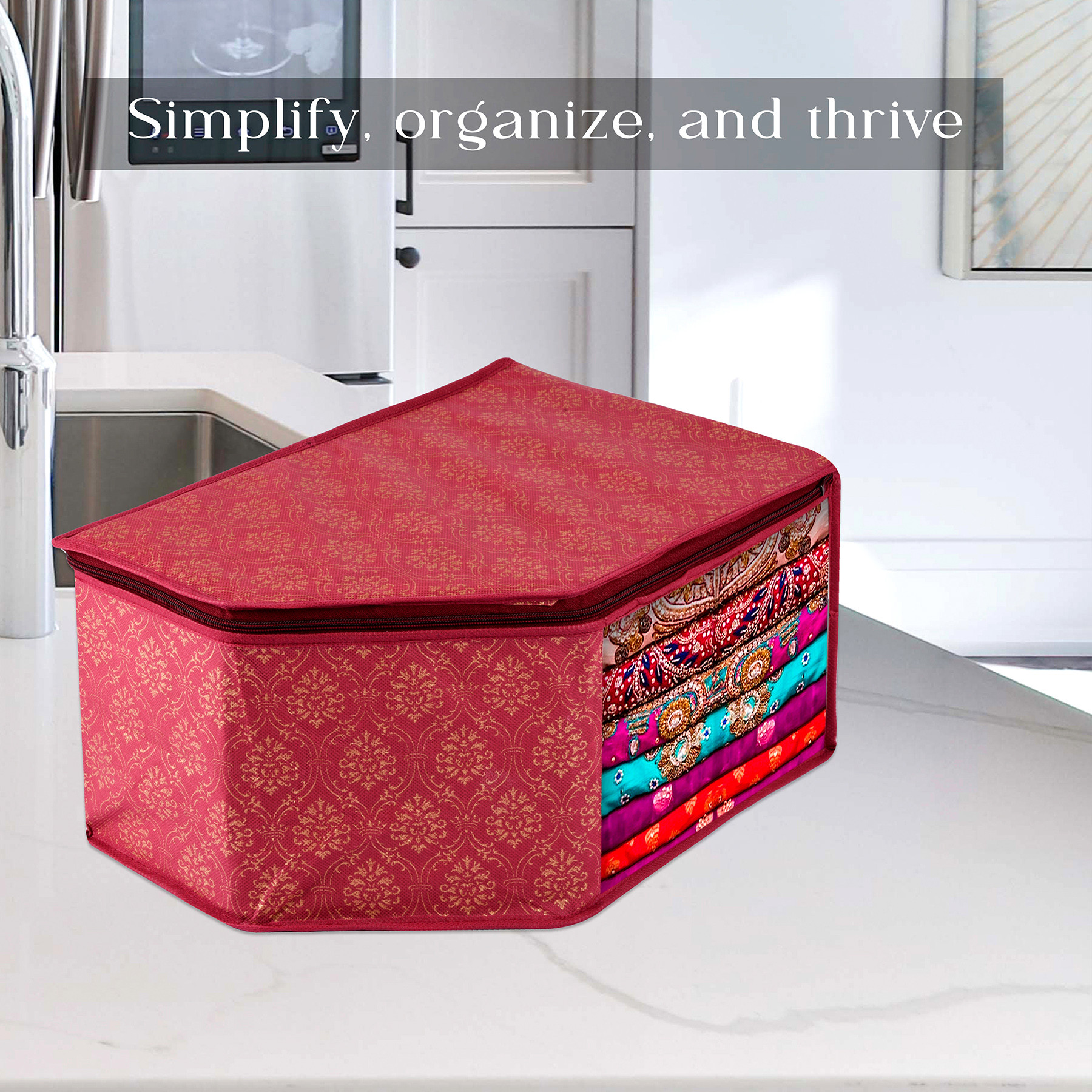 Kuber Industries Blouse Cover  Clothes Storage Bag  Zipper Closure Wardrobe Organizers  Clothes Organizer with Transparent Window  Golden-Printed Clothes Bag  Pack of 3  Maroon