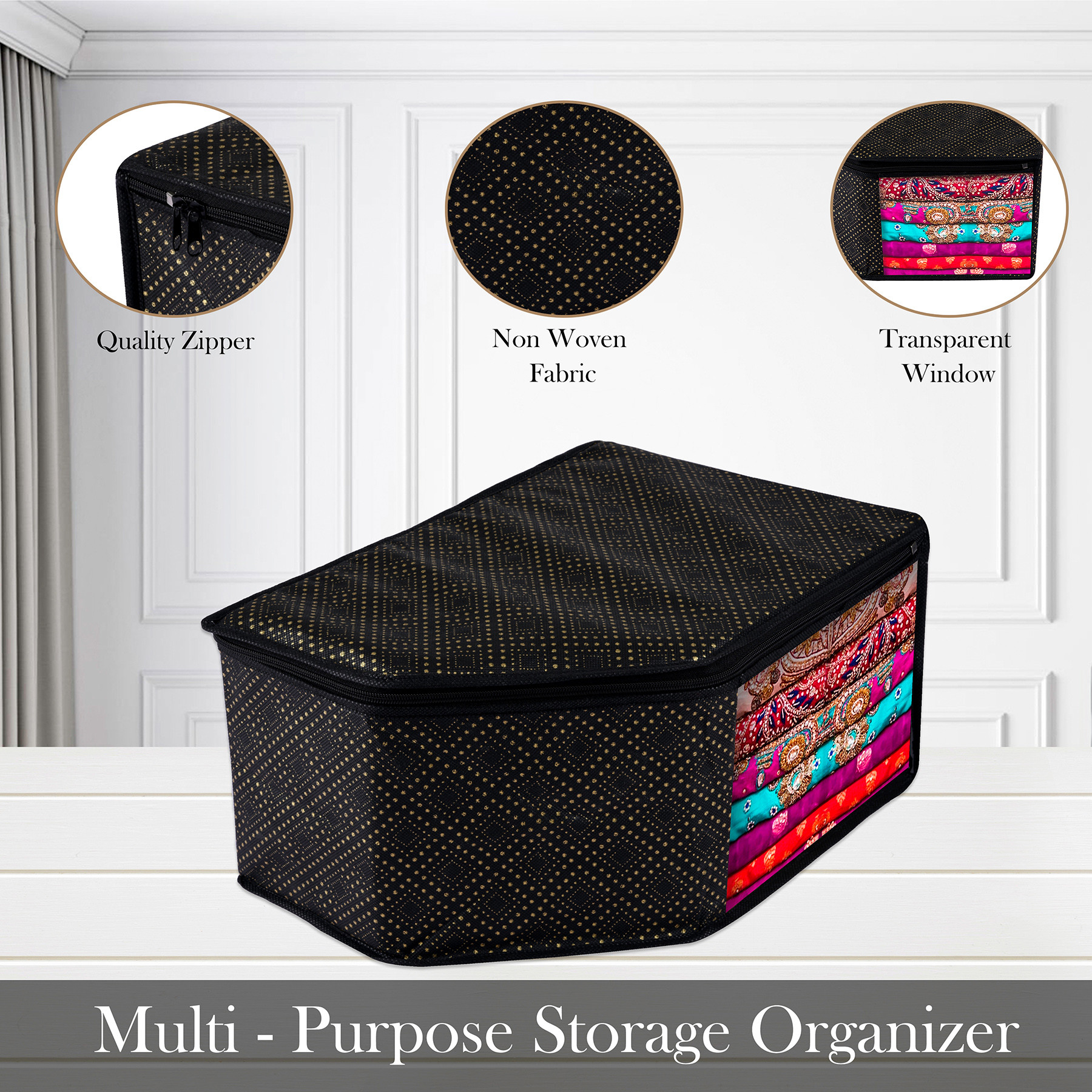 Kuber Industries Blouse Cover  Clothes Storage Bag  Zipper Closure Wardrobe Organizers  Clothes Organizer with Transparent Window  Golden-Dot Clothes Bag  Pack of 3  Black