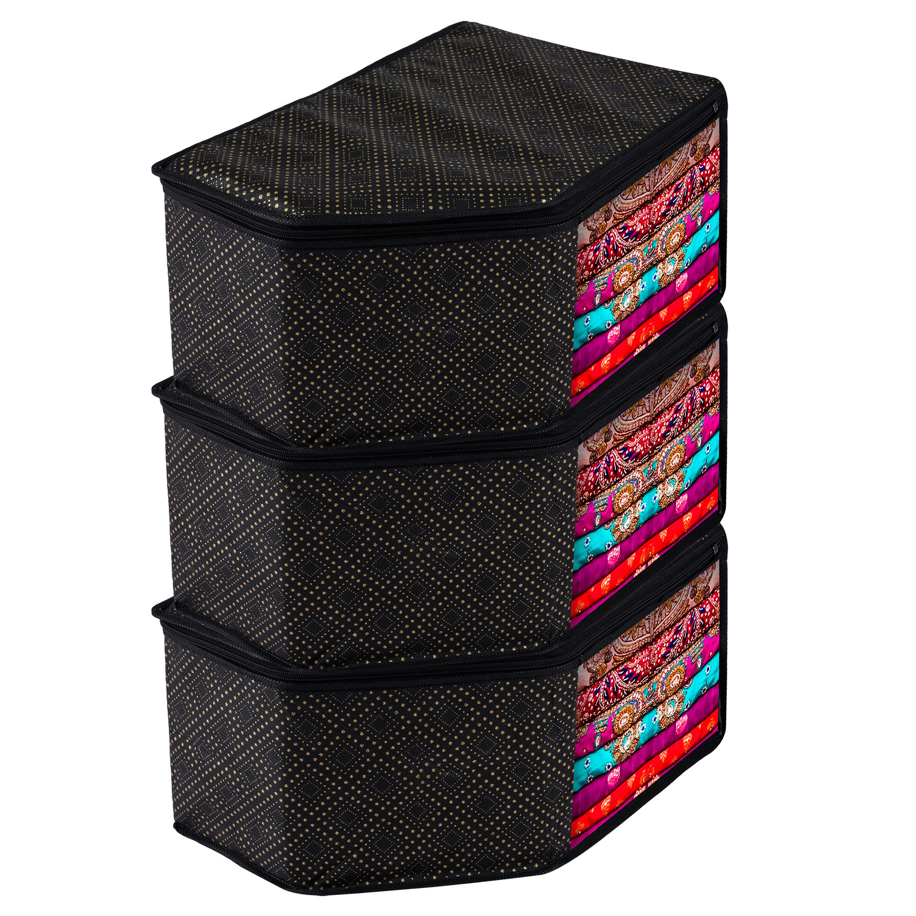 Kuber Industries Blouse Cover  Clothes Storage Bag  Zipper Closure Wardrobe Organizers  Clothes Organizer with Transparent Window  Golden-Dot Clothes Bag Black