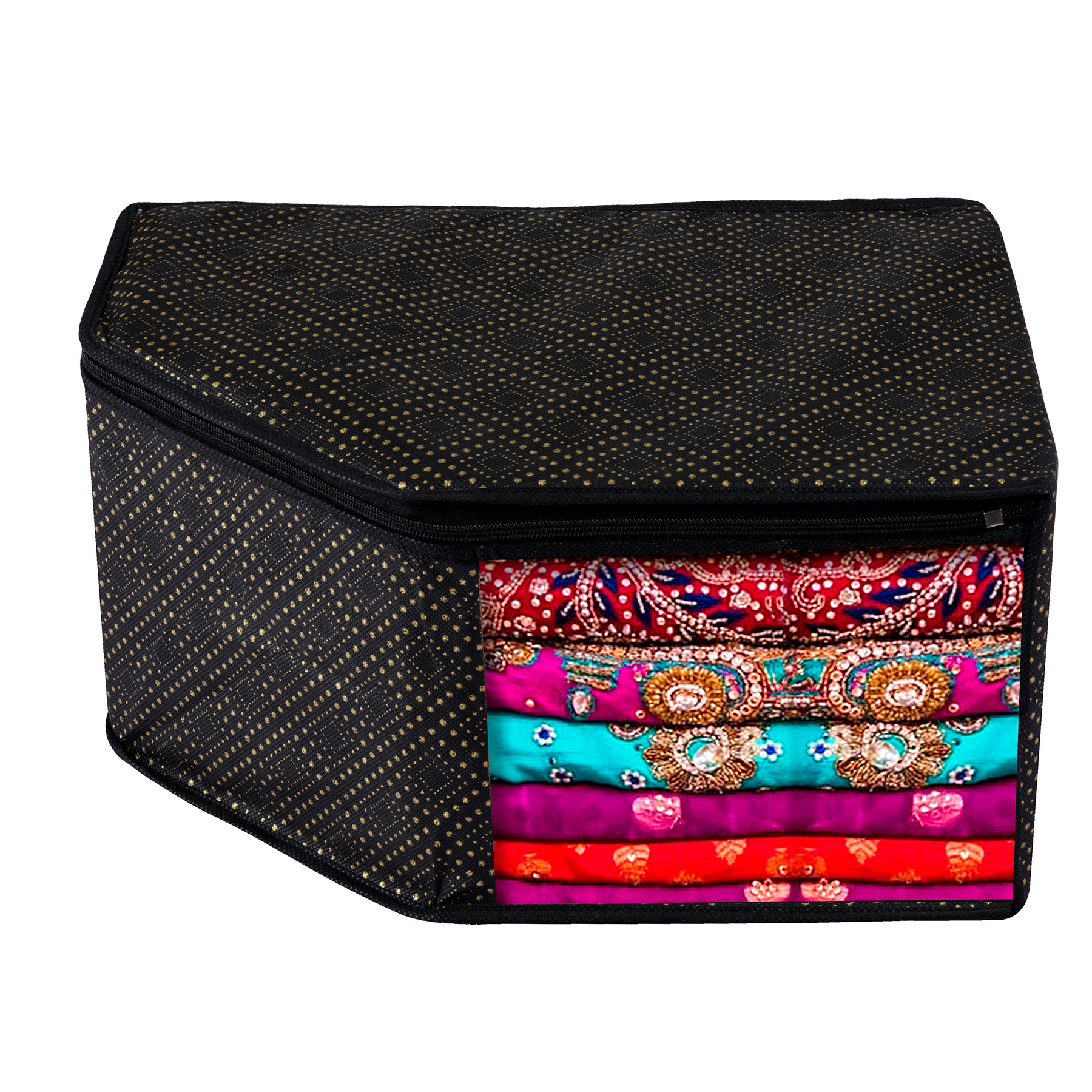 Kuber Industries Blouse Cover  Clothes Storage Bag  Zipper Closure Wardrobe Organizers  Clothes Organizer with Transparent Window  Golden-Dot Clothes Bag Black
