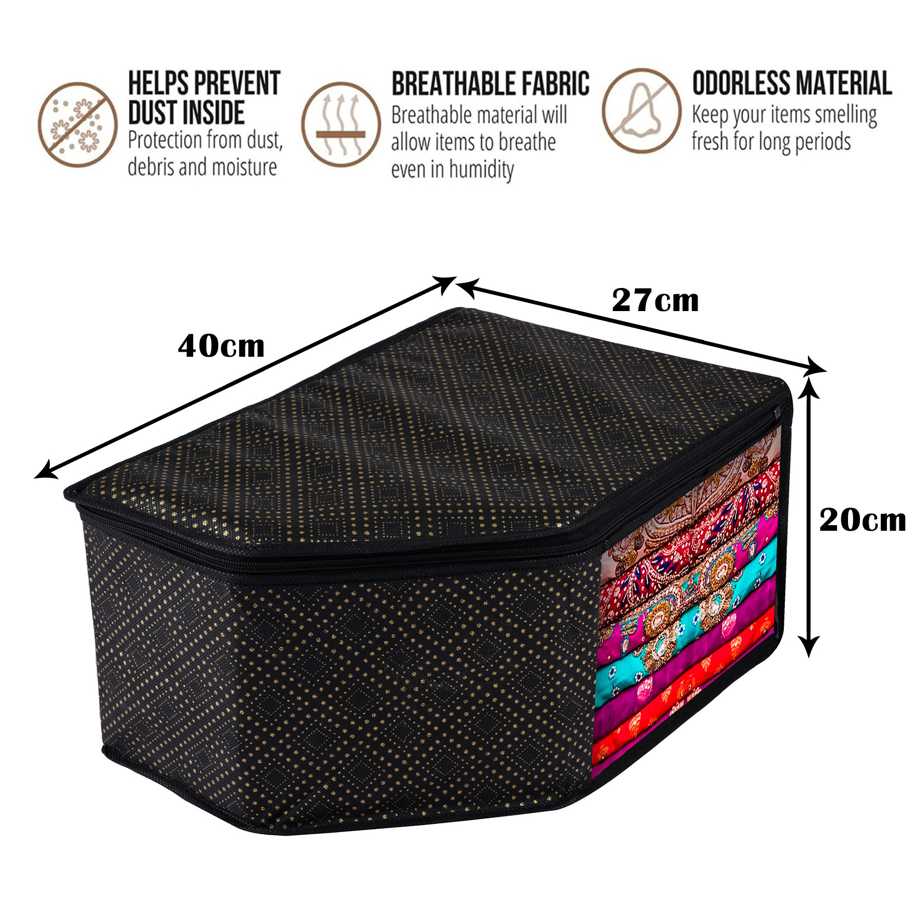 Kuber Industries Blouse Cover  Clothes Storage Bag  Zipper Closure Wardrobe Organizers  Clothes Organizer with Transparent Window  Golden-Dot Clothes Bag Black